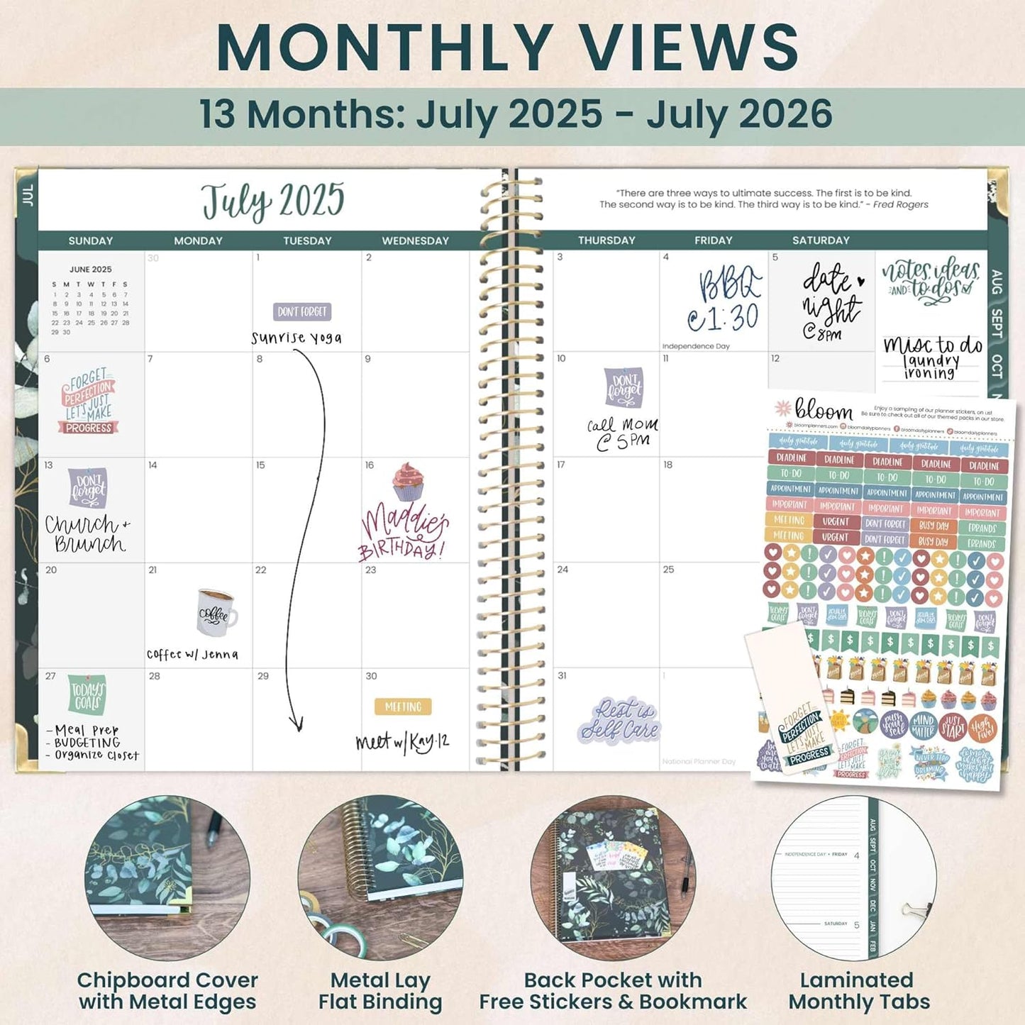 bloom daily planners HARDCOVER 2025-2026 (8.5" x 11") Academic Year Day Planner (July 2025 - July 2026) - Task Goal Organizer - Monthly & Weekly Inspirational Agenda Book - Eucalyptus, Green