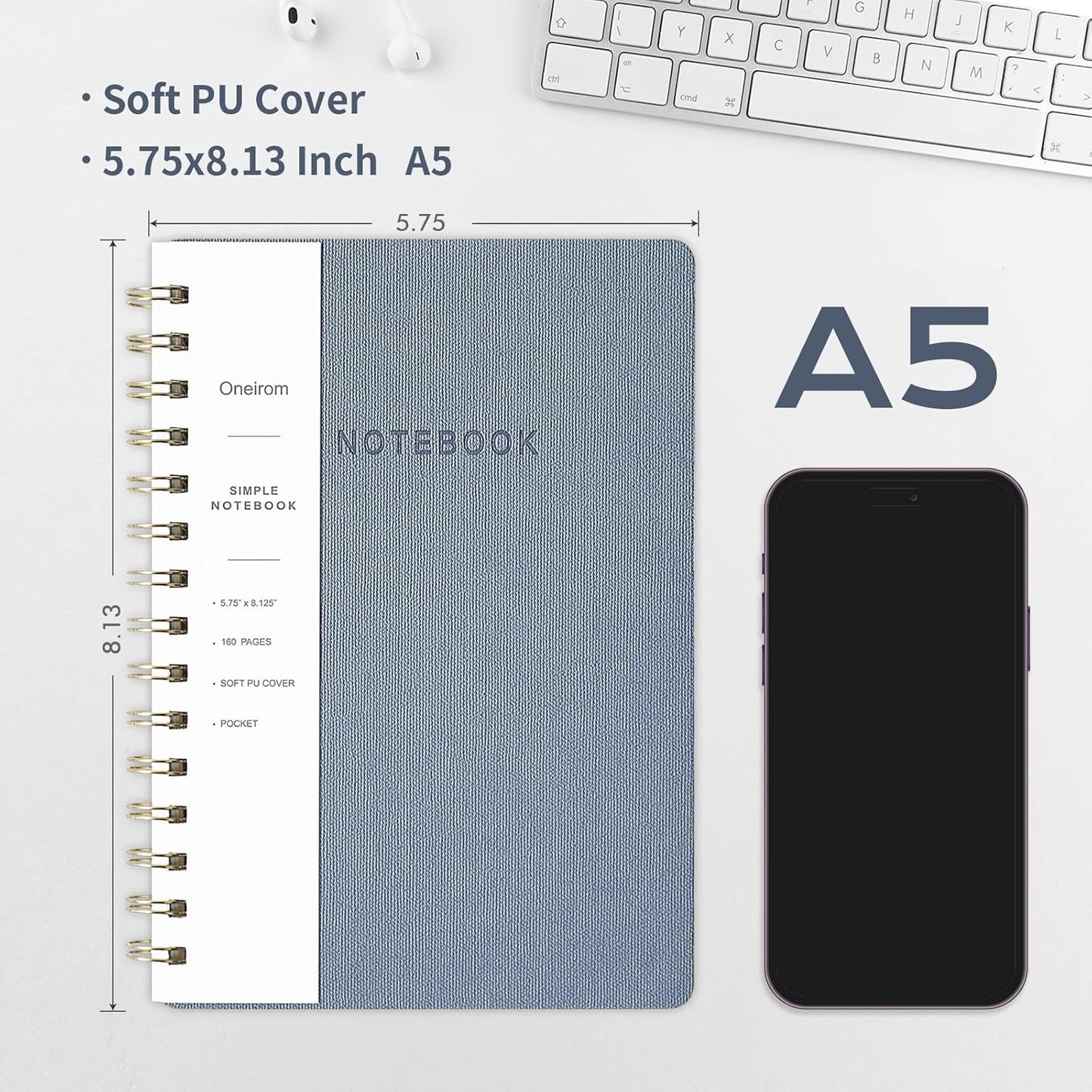 Lined Spiral Notebook College Ruled A5 Journal Book for Note Taking, 160 Pages Writing Journal for Office and Home School Supplies 5.75x8.125 inch (3pack-Reefblue)