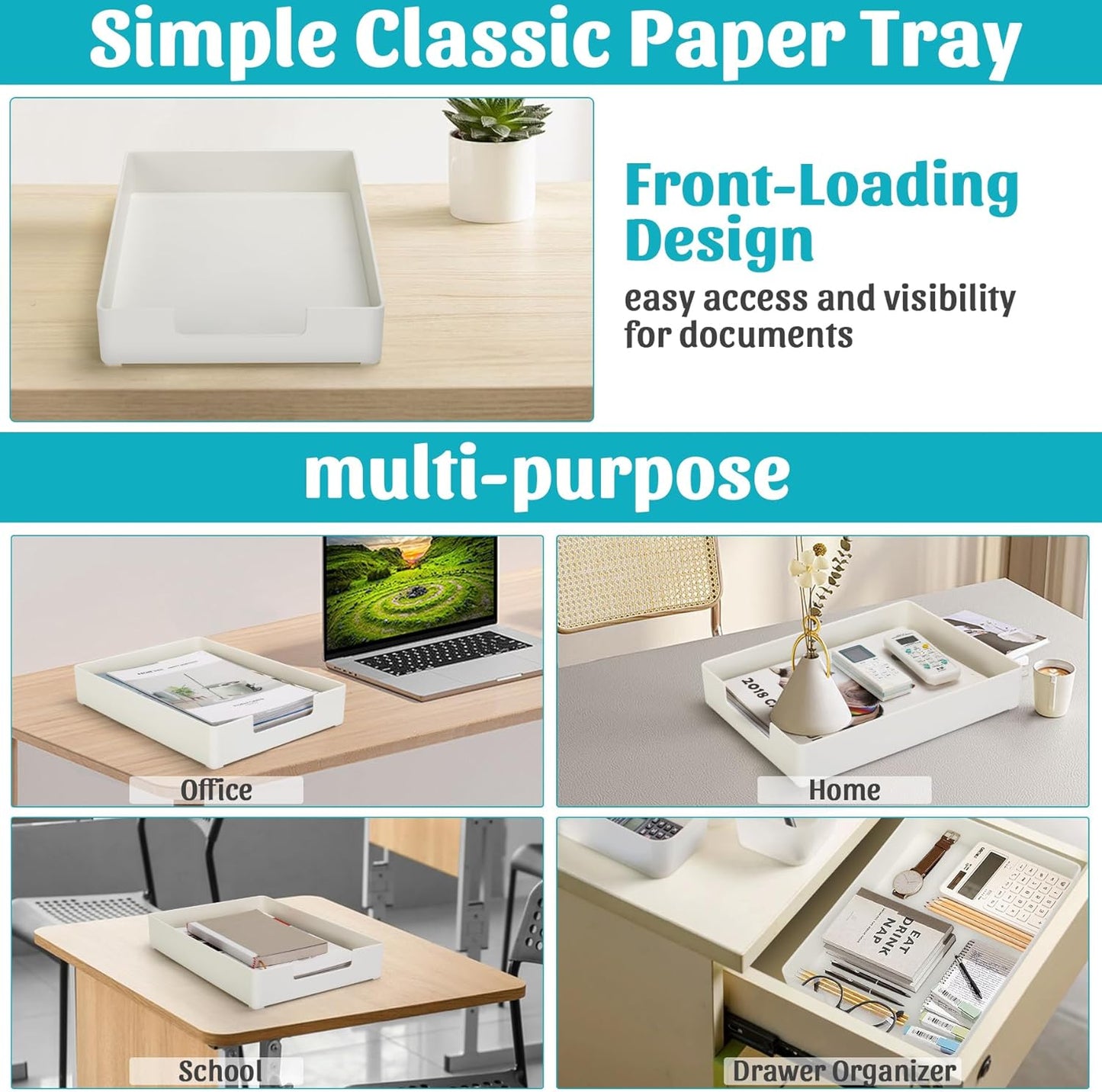 Letter-Size Tray Desk Letter Tray Paper Tray, Sturdy Heavy-Duty Plastic Printer Paper Tray, Single-Tier Stackable File Storage Organizer for Office Home (1, White)