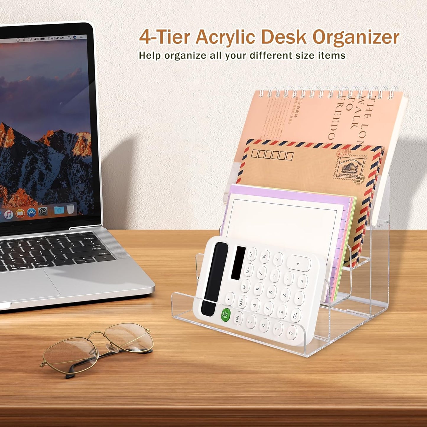 Mail Organizer Countertop, 4 Tier Clear Acrylic Mail Holder, Small Desk File Storage Holders for Bill, Envelope, Letter Sorter