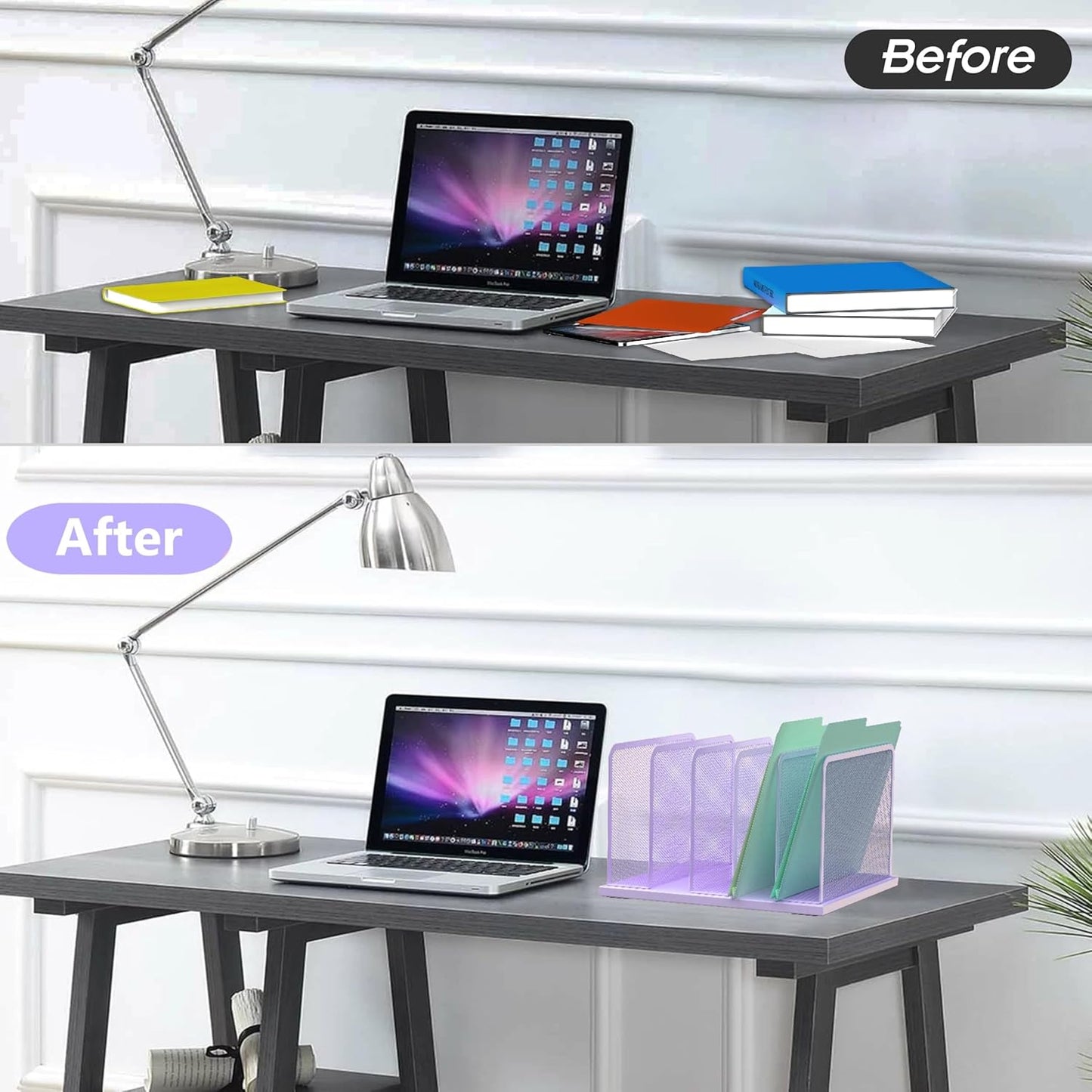 Kuntine.B Desk File Organizer Upright Mesh Desktop Organizer File Sorter Office Organization File Holder for Home, Office & Classroom (Purple, 1 Pack 5-Section)