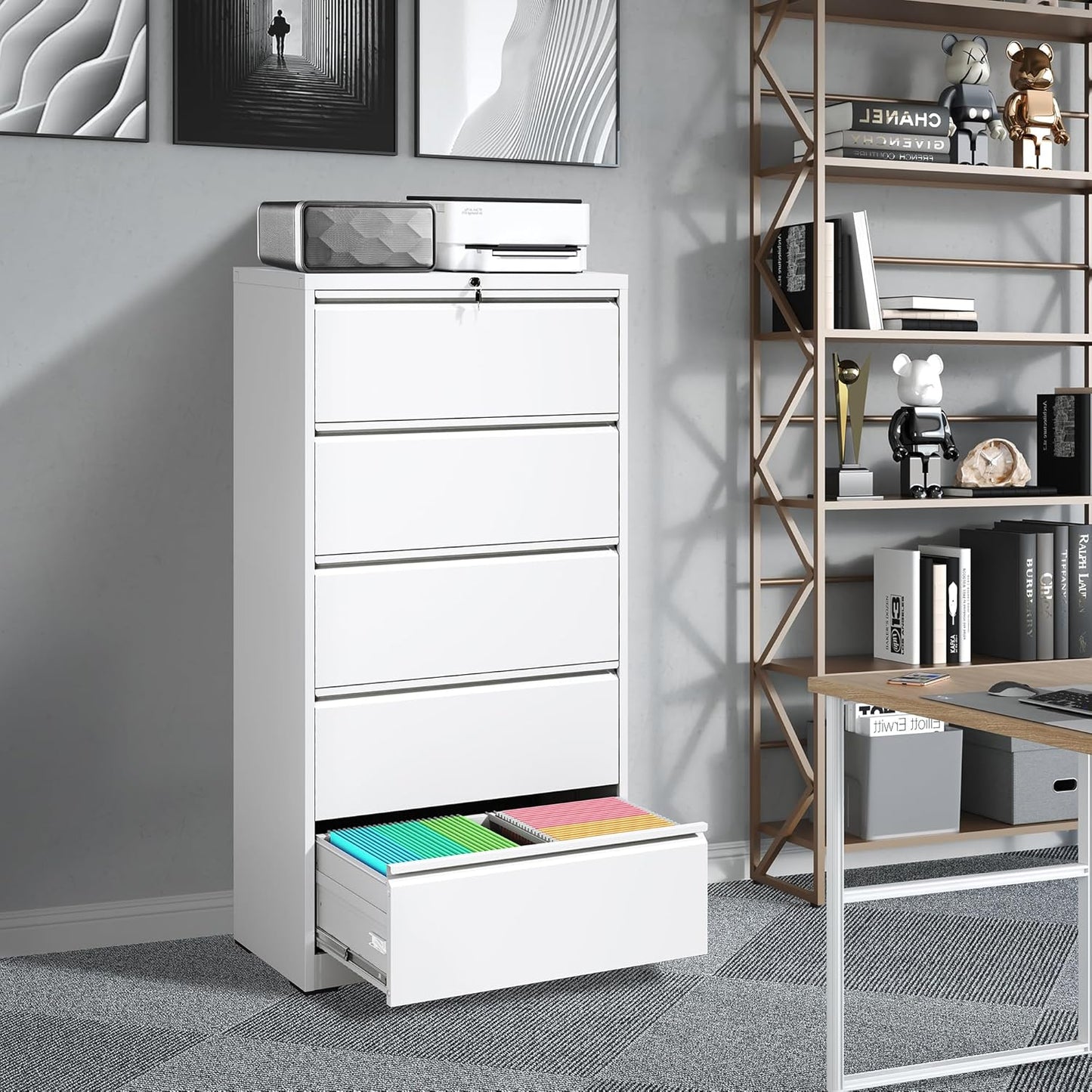 File Cabinets 5 Drawer,Metal Office Storage Filing Cabinet with Lock,White Lateral Filing Cabinet for Home Office,Horizontal Locking File Cabinets for Legal/Letter/A4,Assembly Require,White
