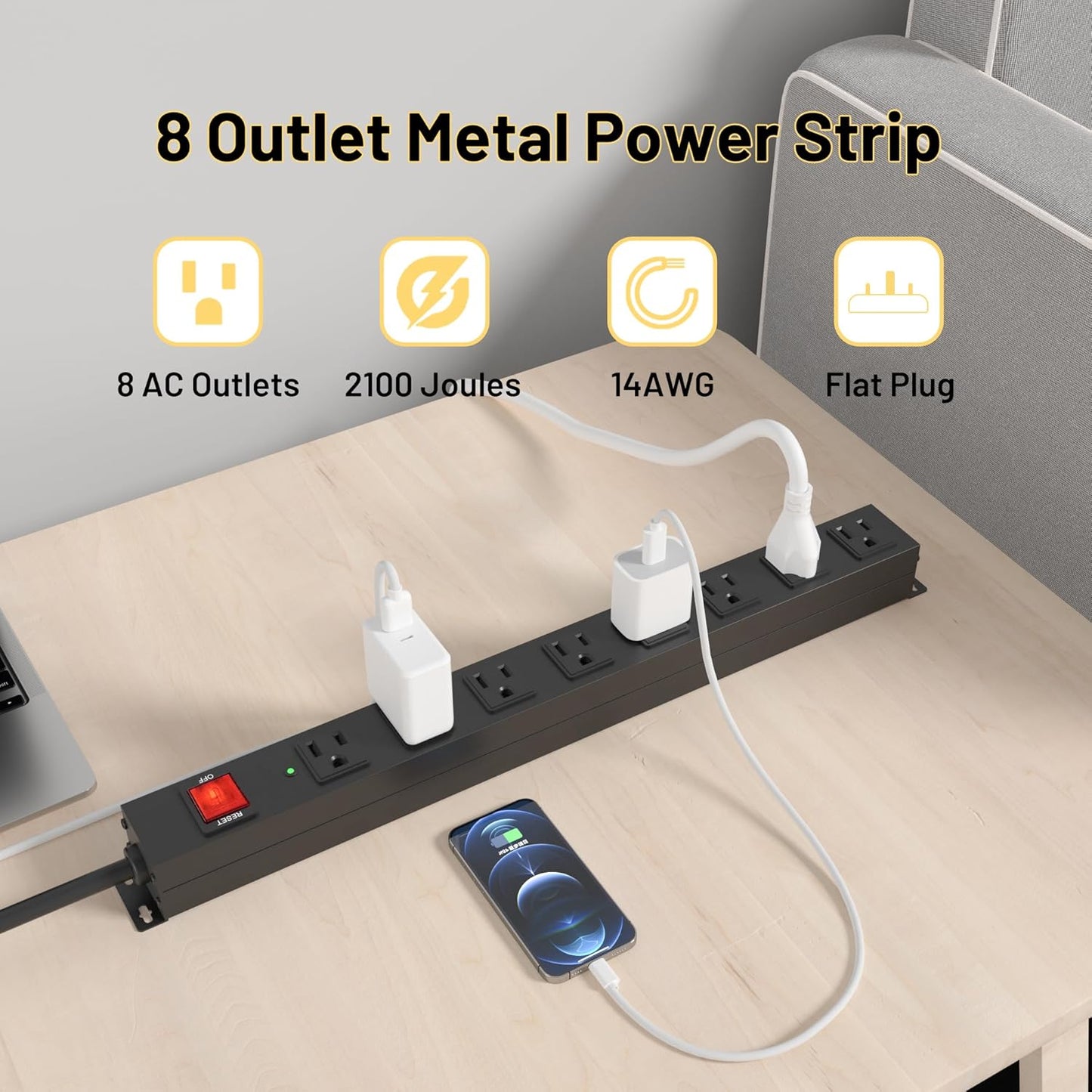 KF 8 Outlet Heavy Duty Power Strip Surge Protector, 2100J Surge Protection Power Strip, 15A/1875W Mountable Power Strips with Upgraded Switch, 14AWG 12FT Power Cord