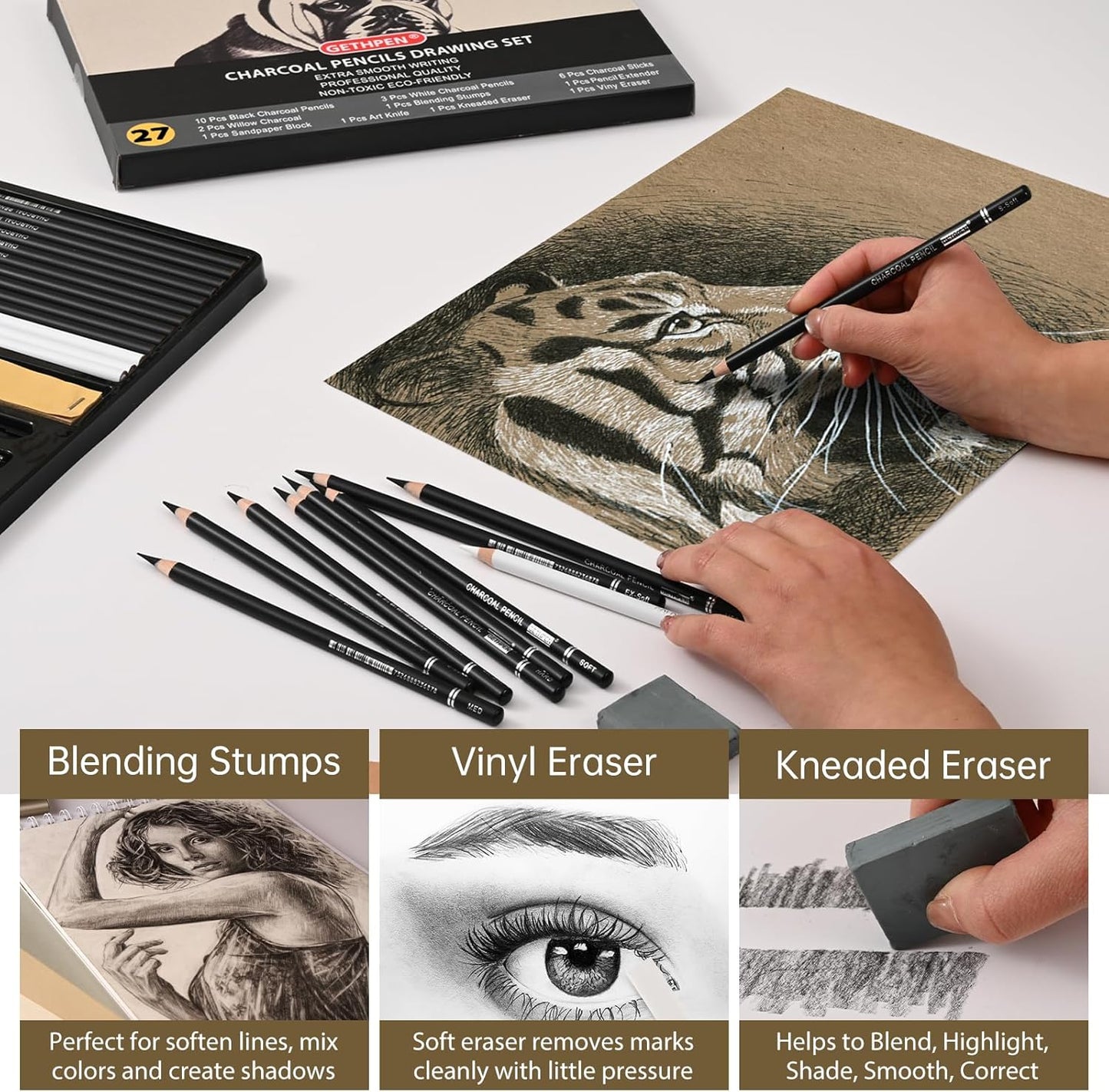 27 Piece Charcoal Drawing Set - Professional Black & White Charcoal Pencils for Sketching, Shading & Blending, Graphite Sticks with Artist Art Supplies Kit (Beginners & Professionals)