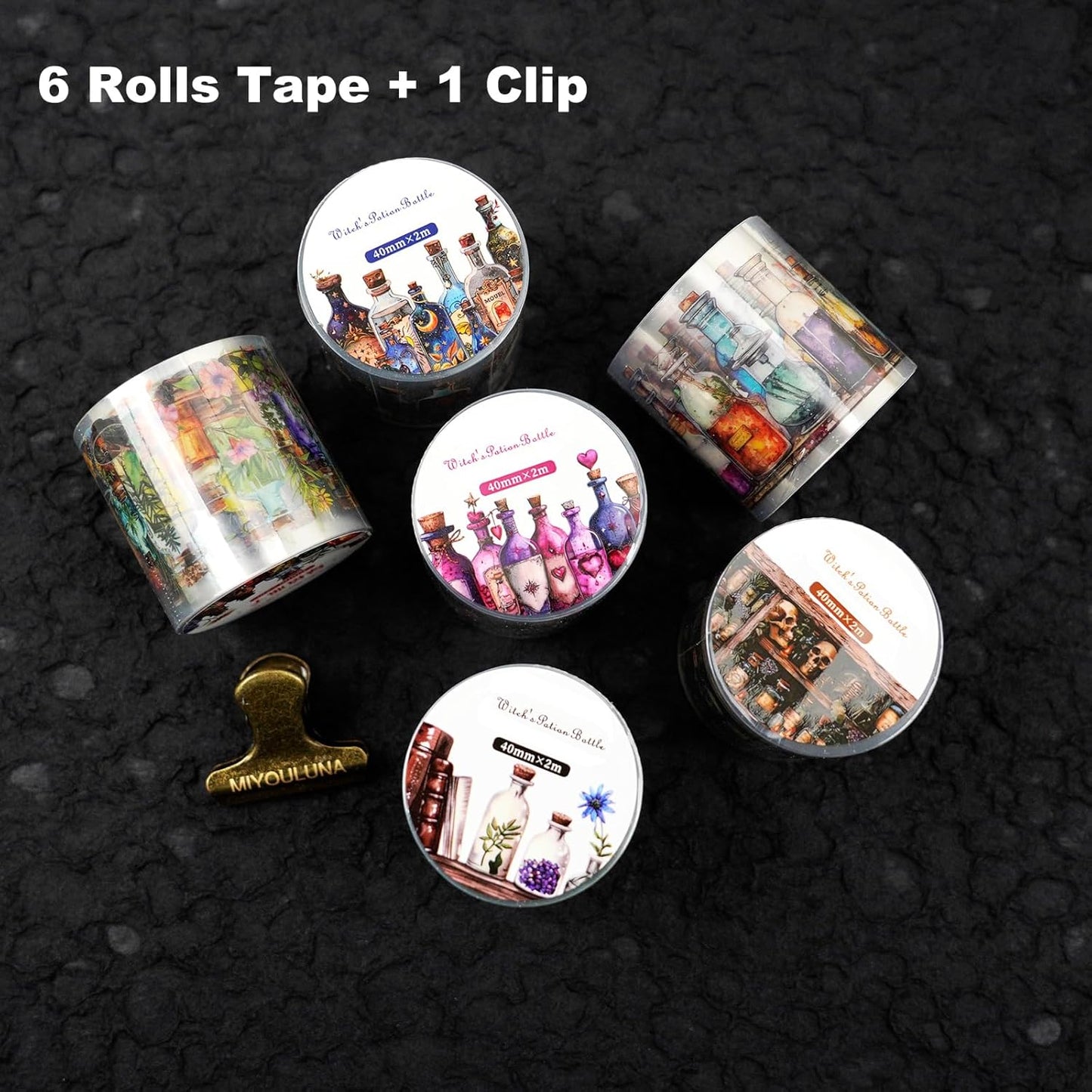 6 Rolls Witch Potion Bottle PET Tape Set with Clip, Waterproof Gothic Scrapbook Sticker Rolls for Journaling, Bullet Journals, and Dark Aesthetic Crafting