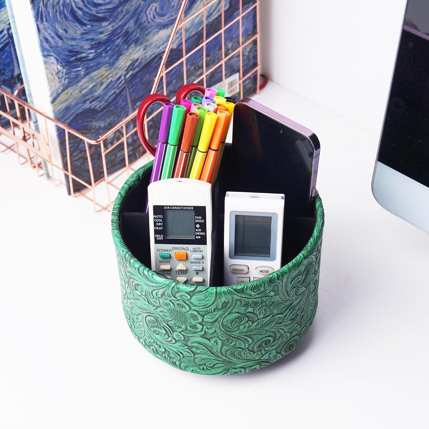 lizimandu Round Leather Art Supply Organizer,Remote Control Holder,360 Degree Spinning,Multi-Functional Pencil Holder,4 Compartments Desktop Stationary Organizer(1-Carved Green)