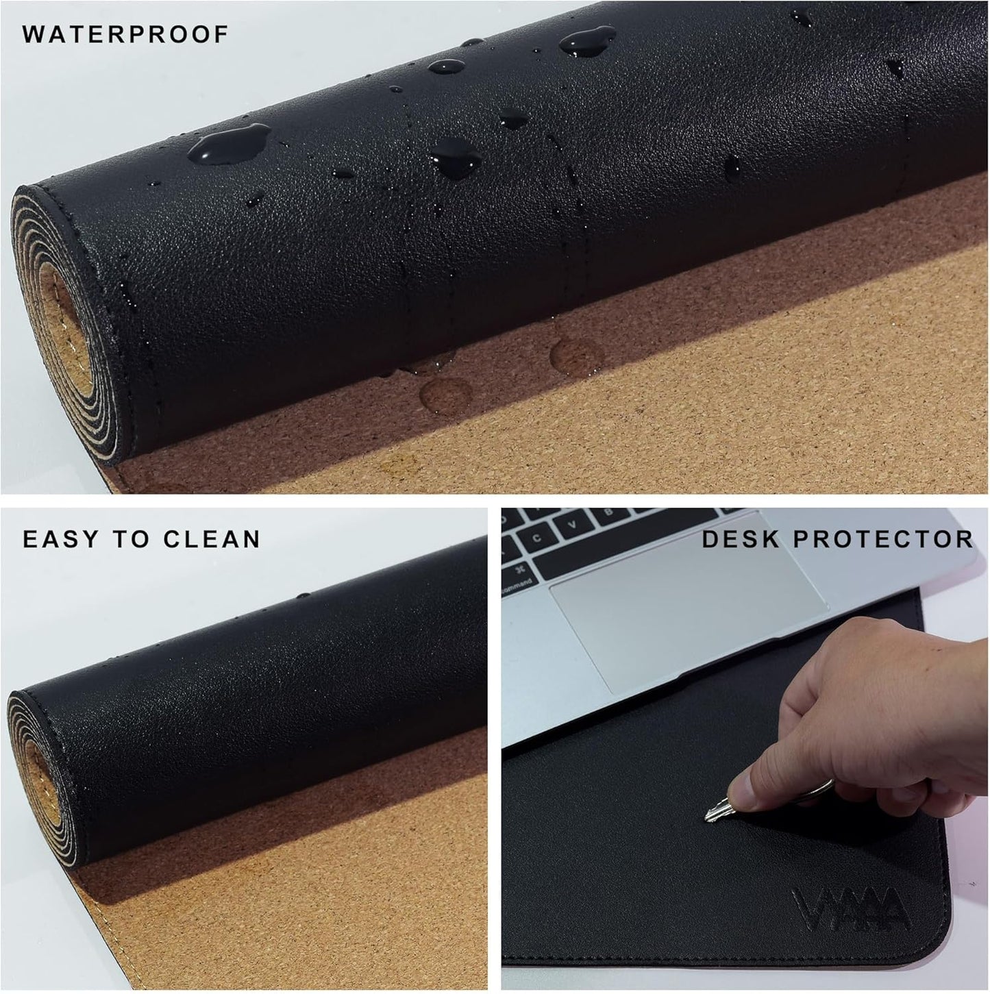 Vyaaa 43.3“ x 19.7” Cork & Leather Desk Mat, Dual Sided PU Leather Desk Pad Protector, Waterproof Non-Slip Extra Large Desk Writing Pad, Laptop Desk Pad, Keyboard Mat for Home or Office (Black)