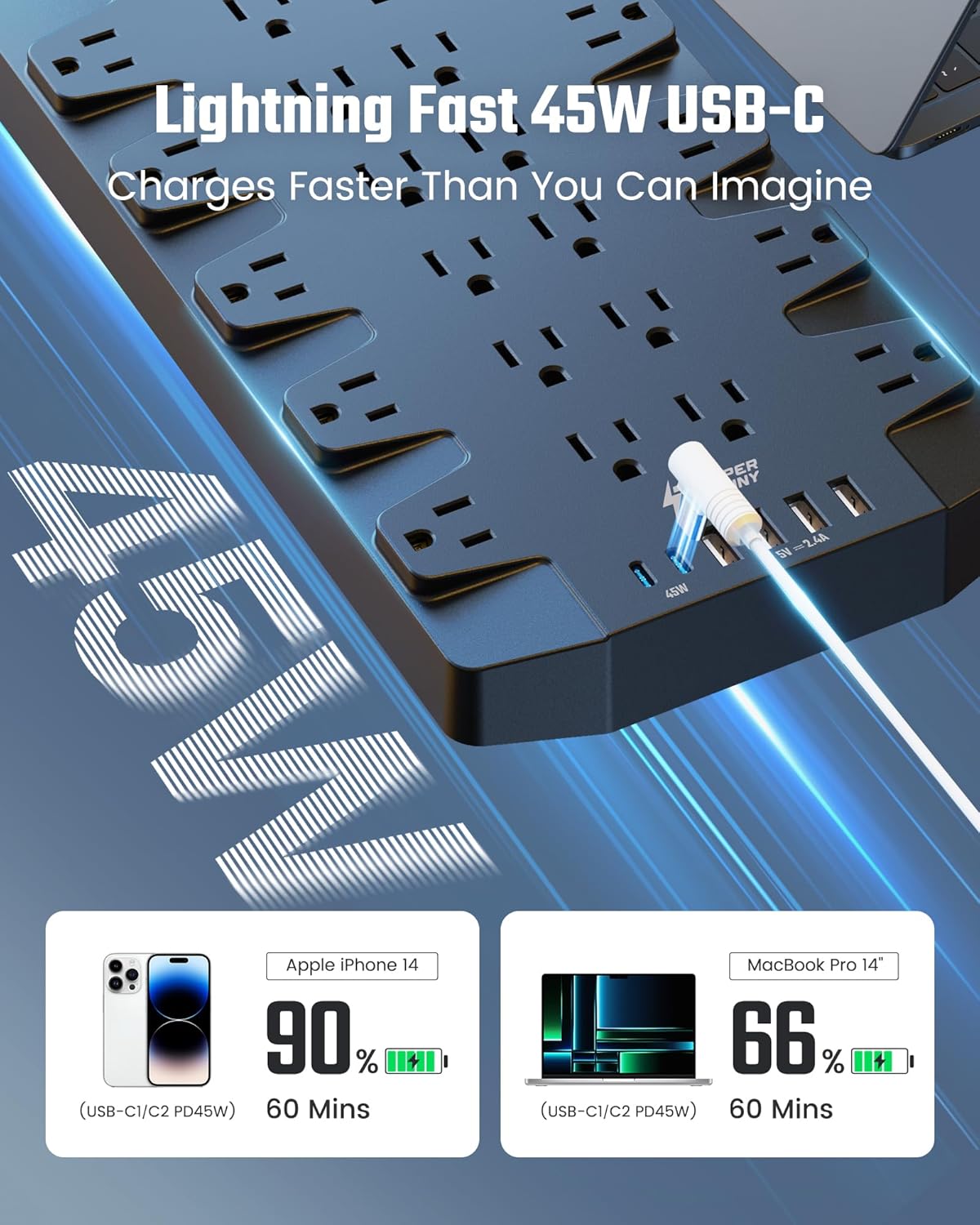 SUPERDANNY Power Strip Surge Protector with 10ft Extension Cord - 22 Outlets, 6 USB Ports, 45W Fast Charging - 1875W/15A, 2100J, 45°Plug, Mountable - Ideal for Home, Office, Gaming, PC, Streaming