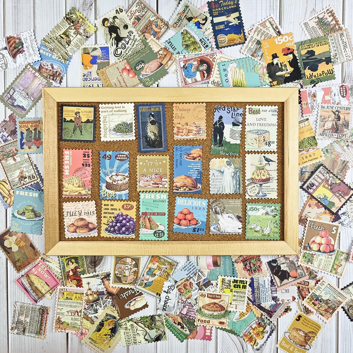 Prstincol 100 Pcs Scrapbooking Stickers,Food Stickers for Scrapbooking,Vintage Stamp Sticker for Journaling,Retro Poster Sticker for Water Bottle Laptop Phones Bullet Journal