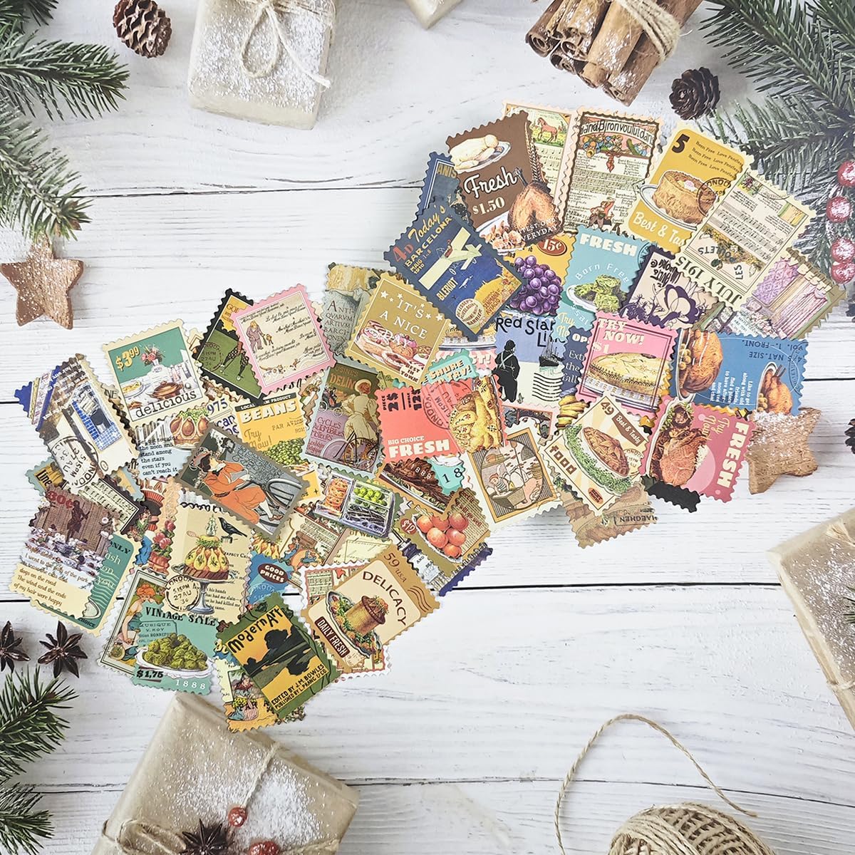 Prstincol 100 Pcs Scrapbooking Stickers,Food Stickers for Scrapbooking,Vintage Stamp Sticker for Journaling,Retro Poster Sticker for Water Bottle Laptop Phones Bullet Journal