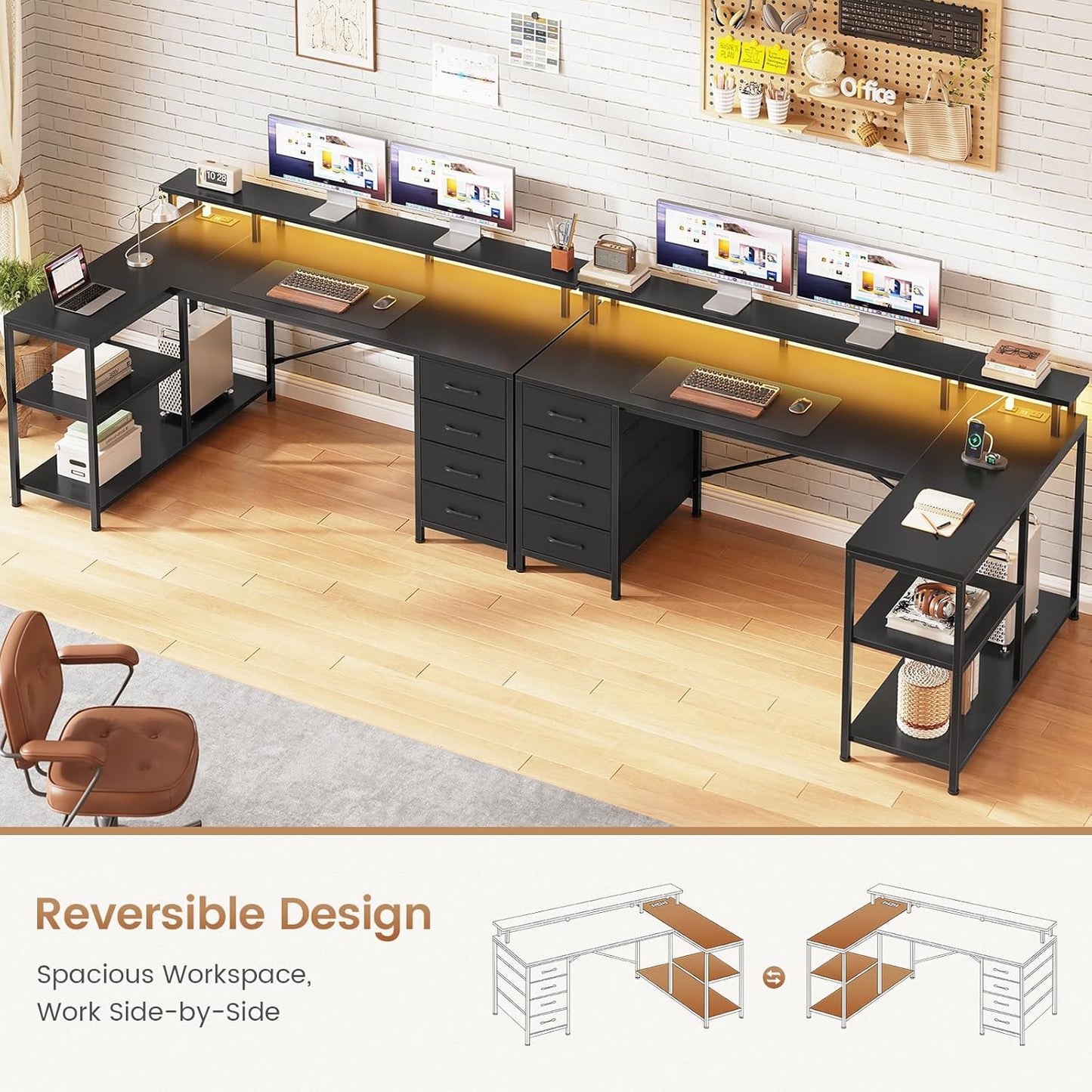 SEDETA L Shaped Desk with 4 Drawers and Storage Shelves, L Shaped Gaming Desk with LED Lights & Power Outlets, Computer Desk with Shelves & Drawer, Corner Desk Home Office Desk, Black