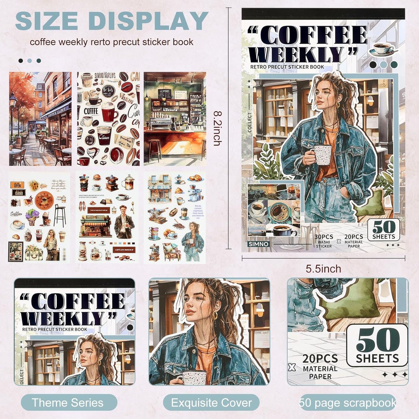 Scrapbooking Stickers - 500 Pre-Cut Washi Stickers & 20 Scrapbook Papers Coffee and People Sticker Books for journaling Scrapbooking Supplies