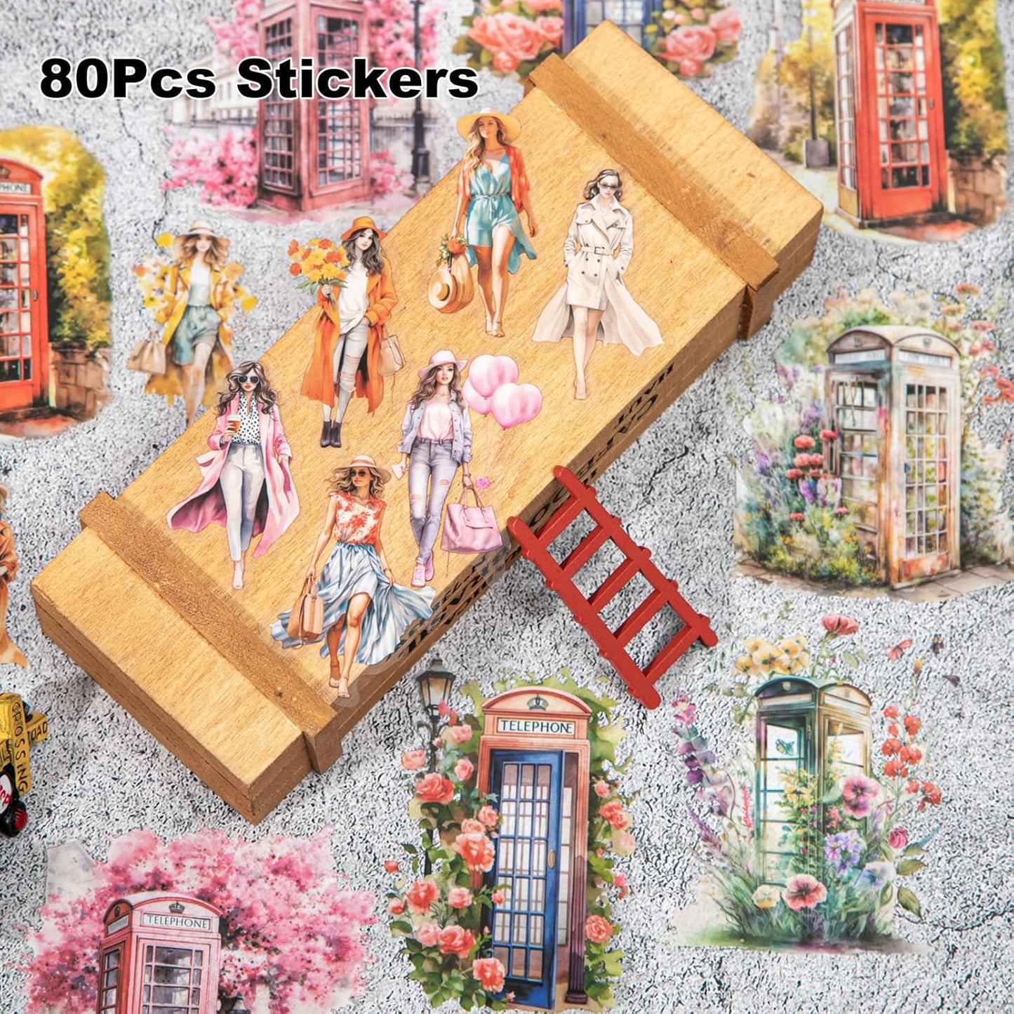 Telephone Booth PET Sticker Set, 80PCS Vintage Street Scene Stickers for Scrapbooking, Journaling, DIY Crafts, Planner Decoration, and Aesthetic Collage
