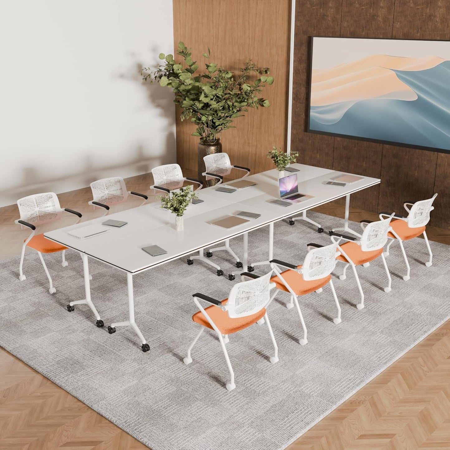 Folding Conference Table – Portable Flip-Top Desk with Locking Wheels, 47.2IN Conference Room Tables Modular Office Desk Heavy-Duty Metal Frame,Space-Saving Design for Meeting & Training Rooms(2PACK)