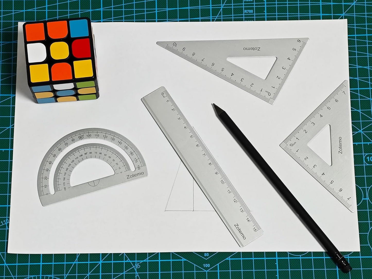 Geometry Ruler Set for Students, Metric Measurement 4-Piece Metal Math Drafting Kit with Non-Slip Design 15 cm Straightedge Ruler, 180° Protractor & 2 Triangles for School Kids (Silver)