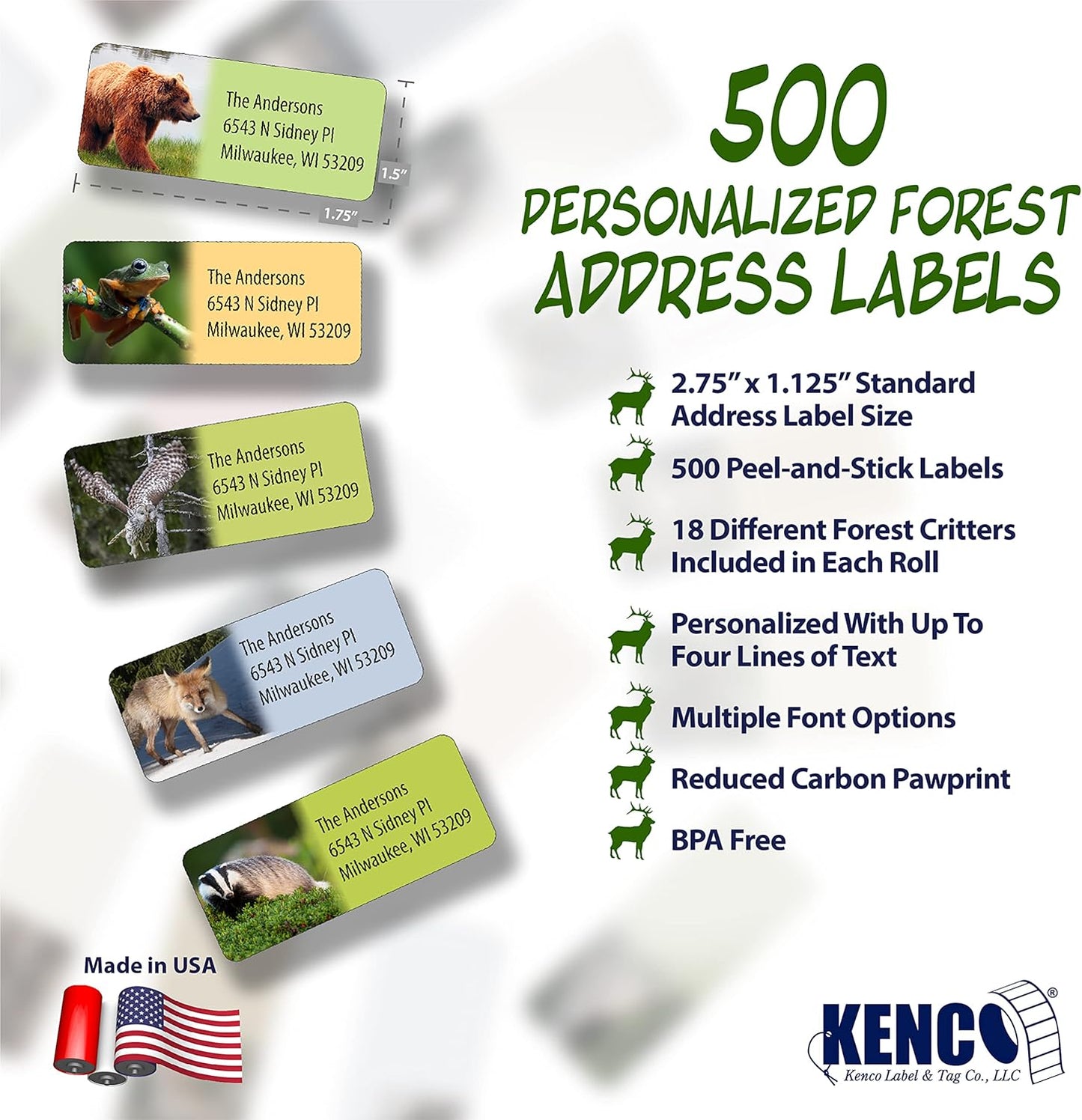Customized Personalized Address Labels - Made in The USA by Kenco (500 Labels, Forest Wildlife)