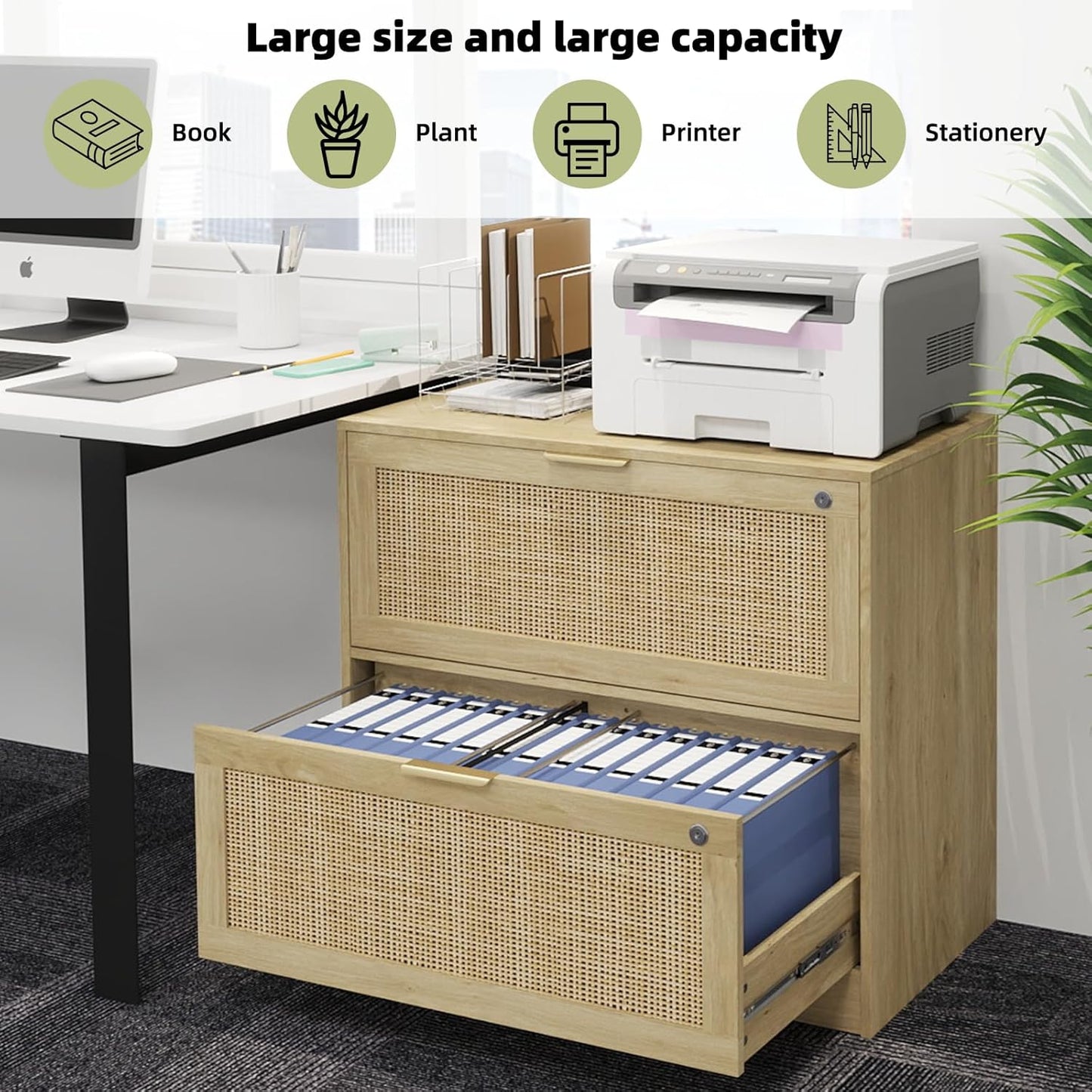 HOPUBUY 2 Drawer File Cabinet with Lock, Printer Stand Lateral Filing Cabinets for Home Office and School, Wood Rattan File Cabinet for Hanging Files/Letter/Legal/A4/F4 Size, Oak