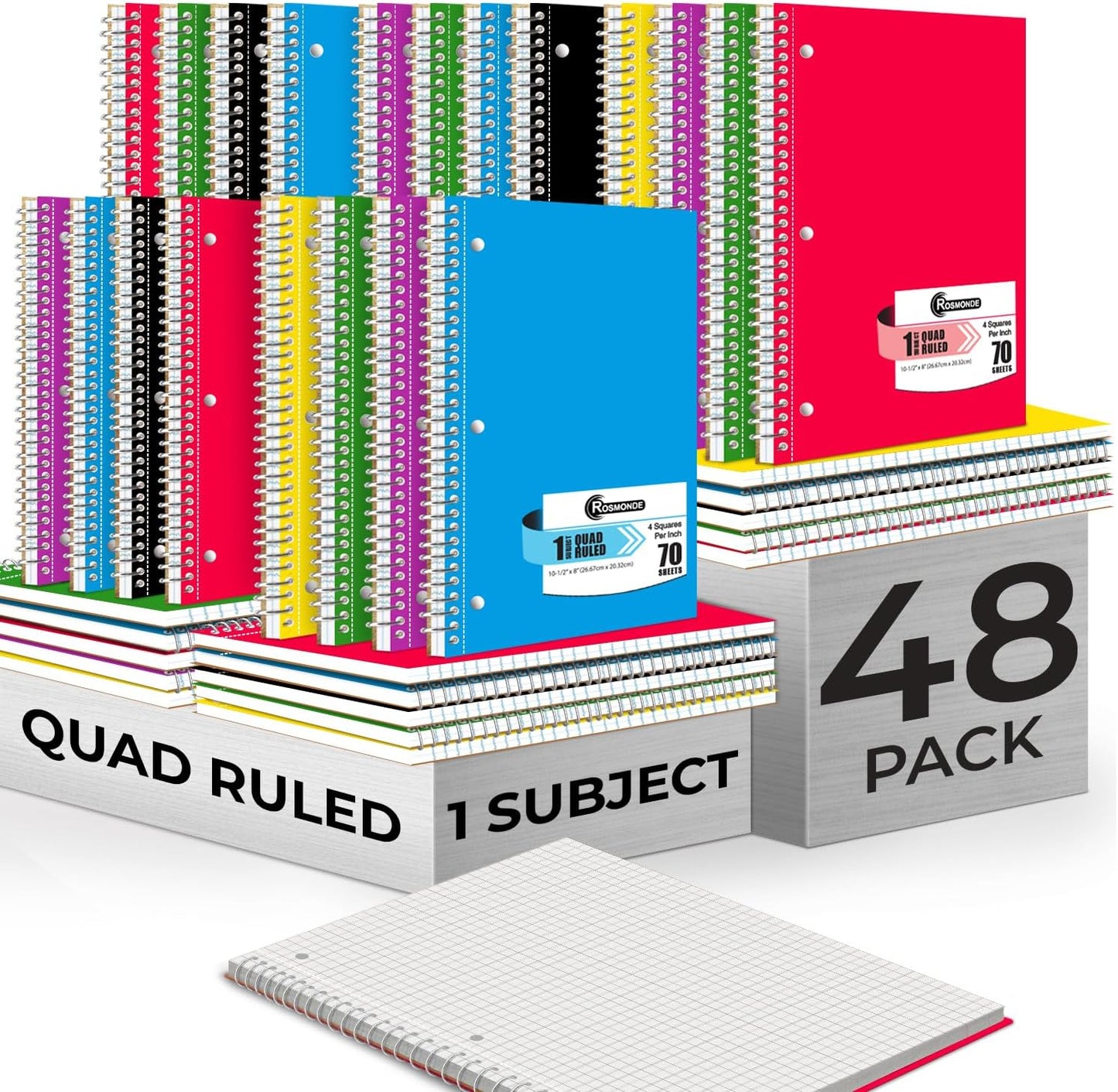 Bulk 1 Subject Spiral Notebook Graph Paper, 48 Pack, 140 Pages (70 Sheets), 8.5 x 10.5, Bulk 4x4 Grid Quad Ruled Spiral Notebook, 3 Hole Punched, Bulk Quad Ruled Graph Paper Spiral Notebooks