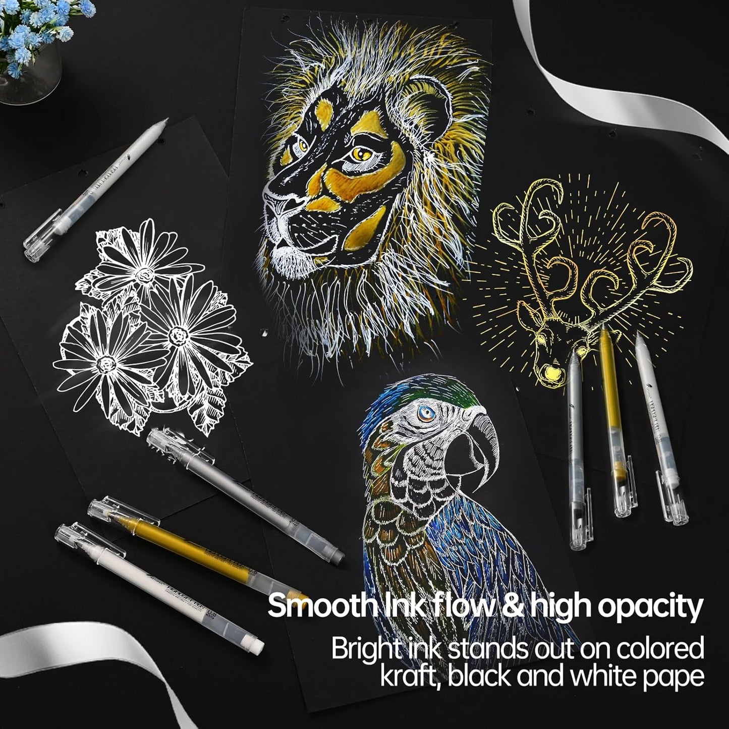 Silver Gel Pens, 0.8mm Fine Point Gel Ink Pen Set for Artists – Opaque Archival Ink for Black Paper Drawing, Card Making, Journaling Pack of 3