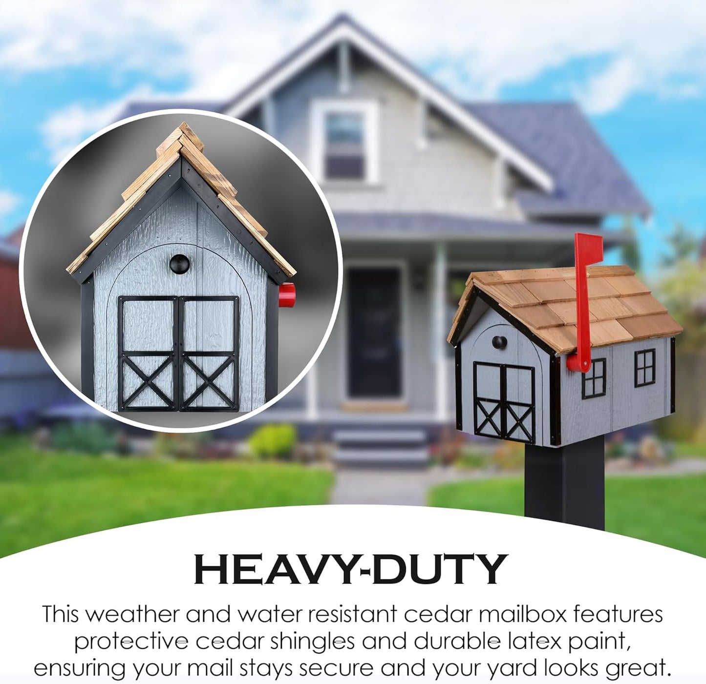 Peaceful Classics Amish Cedar Roof Wooden Mailbox with Window & Door Trim, Handcrafted Mailboxes for Outside, Post Mount Residential Mailboxes - (Gray with Black Trim)