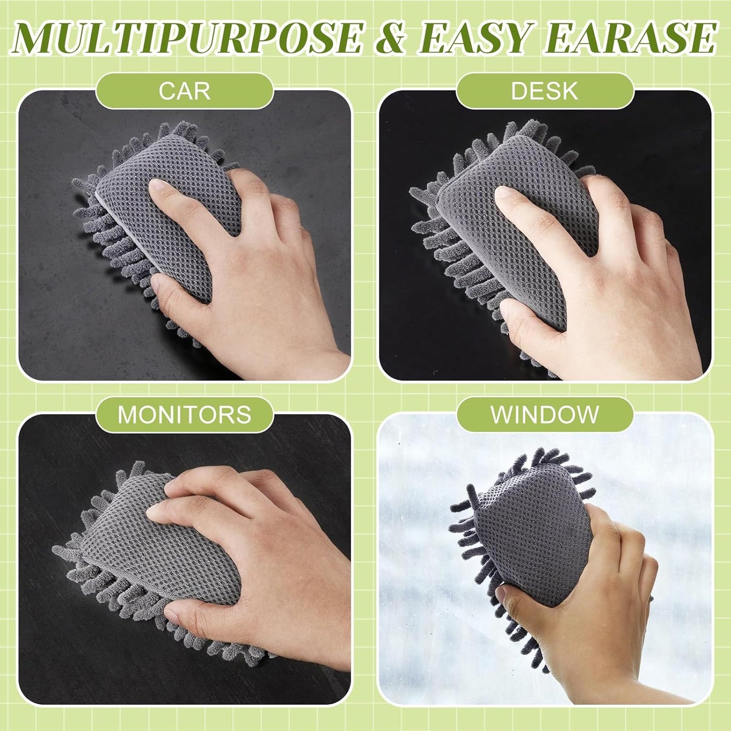 Zonon 4 Pieces Dry Erase Eraser Microfiber Shag Washable Whiteboard Eraser for Markers, Chalk, Classroom, Home and Office(Blue,Green,Gray)