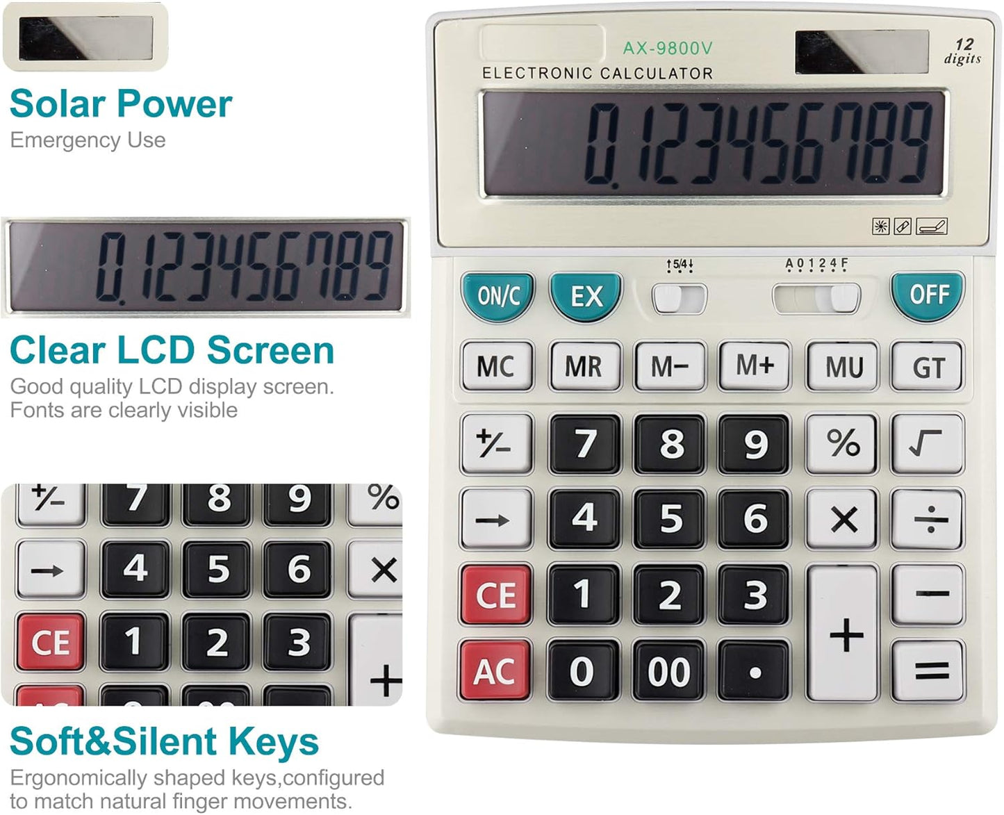 Large Computer Electronic Calculator Counter Solar & Battery Power 12 Digit Display Multi-Functional Big Button for Business Office School Calculating (HY-9800v)