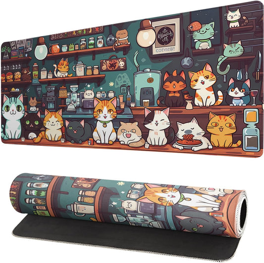 Gaming Mouse Pad Desk Pad,Extended Big Mouse Pad,31.5x11.8 Inch Long Computer Keyboard Mouse Mat Mousepad with 3mm Non-Slip Base and Stitched Edge for Gaming and Office… (cat)