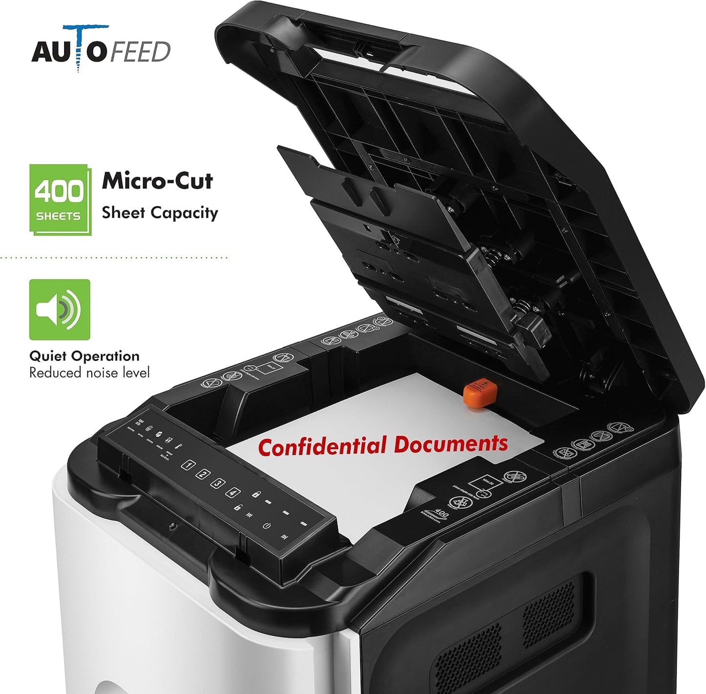 Aurora Commercial Grade 400-Sheet Auto Feed High-Security Micro-Cut Paper Shredder/ 240 Minutes/Security Level P-5
