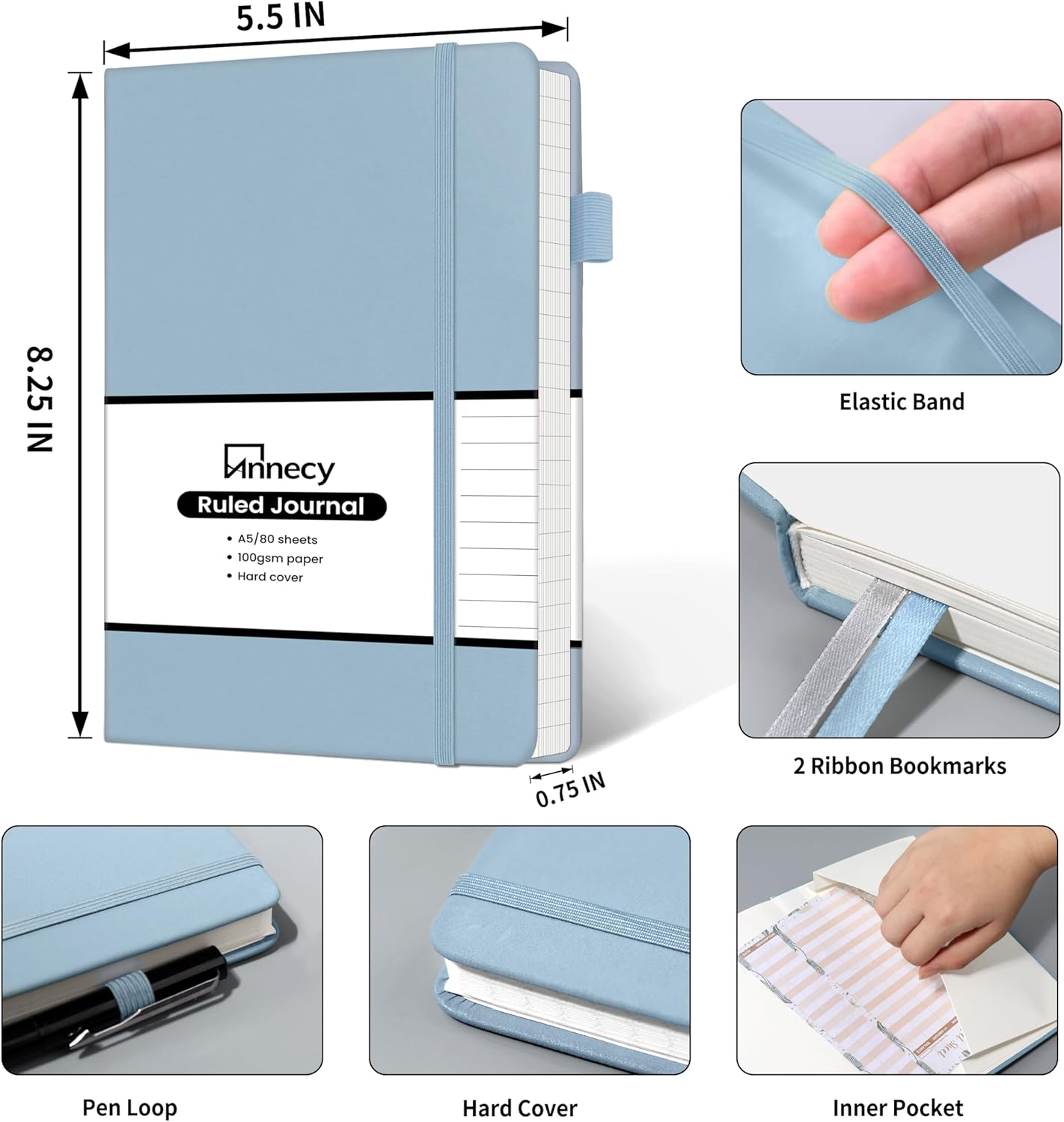 Annecy Numbered College Ruled Lined Journal Notebook, Medium 5.5x 8.25, 160 Pages 100GSM Writing Paper, A5 Haze Blue Faux Leather Cover with Pen Loop