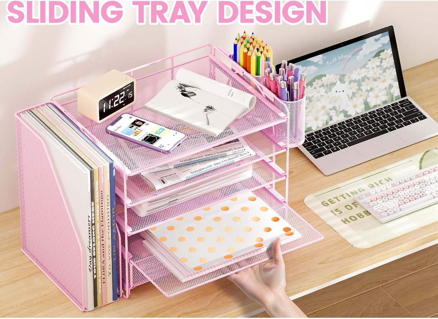 Desk Organizers and Accessories, 5-Tier Paper File Organizer with Drawer & Pen Holder, Office Desk Accessories Workspace Desktop Organizer for Office Supplies((Pink)