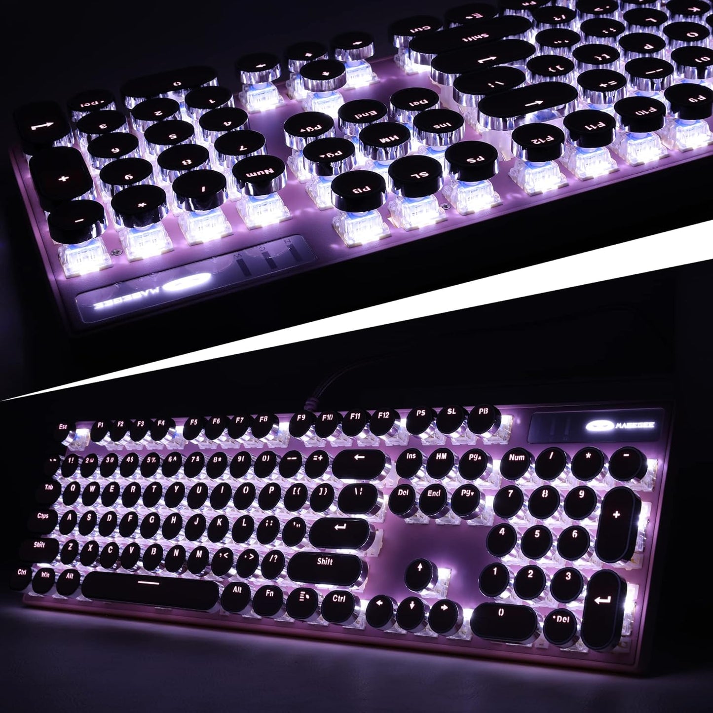 Camiysn Typewriter Style Mechanical Gaming Keyboard, Pink Retro Punk Gaming Keyboard with White Backlit, 104 Keys Blue Switch Wired Cute Keyboards, Round Keycaps for Windows/Mac/PC