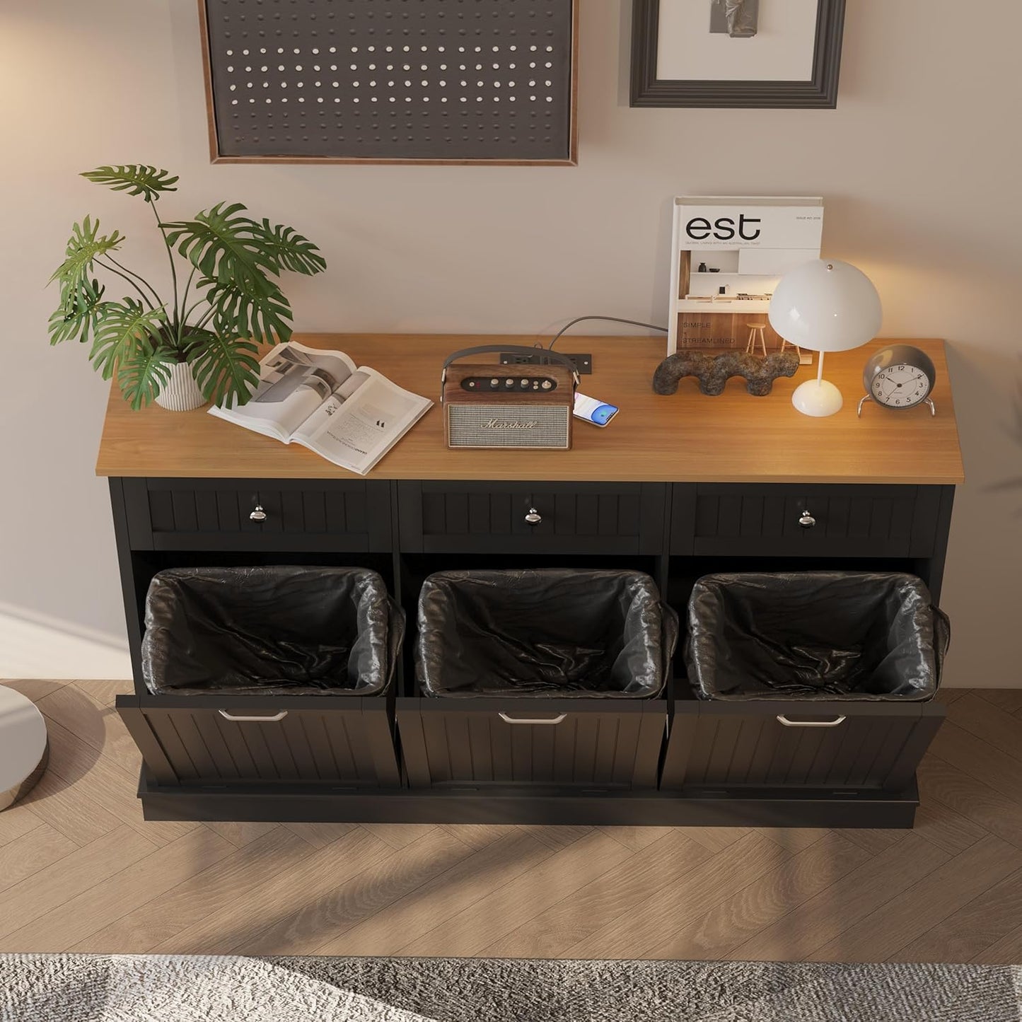 30 Gallon Tilt Out Trash Cabinet, Wooden Kitchen Trash Can Cabinet with Hideaway Drawer, Freestanding Laundry Hamper Garbage Recycling Cabinet on Wheels, Pet Proof, Triple, Black