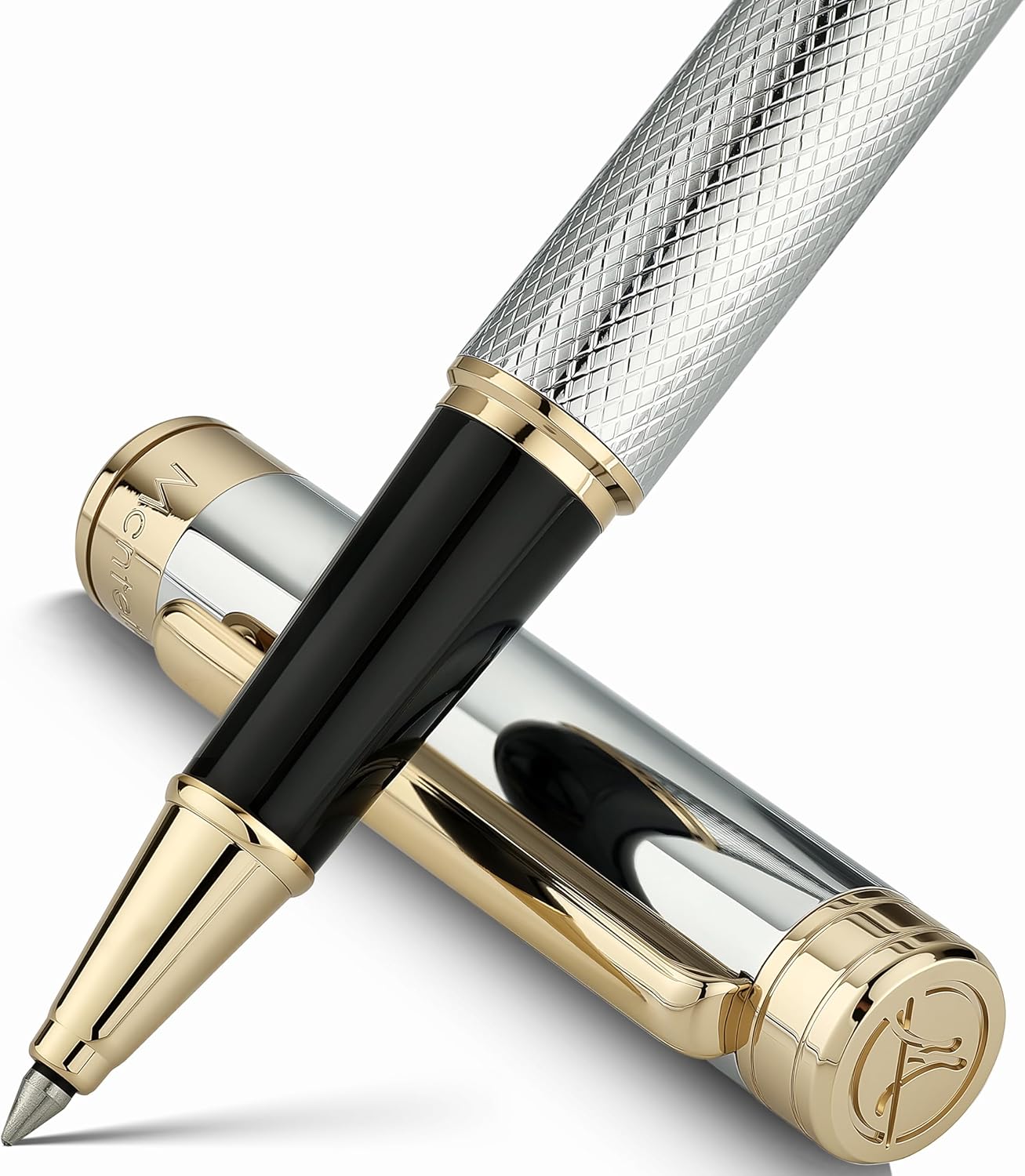Silver Chrome Rollerball Pen, Stunning Luxury Pen with Mesh Texture Design、Silver Chrome Finish and 24K Gold Accents, Nice Gift Set for Men & Women, Business, Executive, Office, Fancy Pens