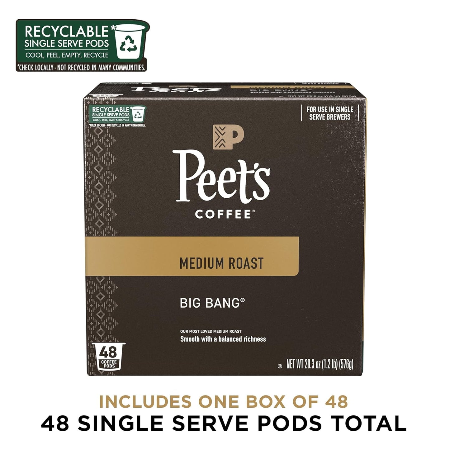 Peet's Coffee, Medium Roast Single Serve Coffee Pods - Big Bang 48 Count (1 Box of 48 Pods)