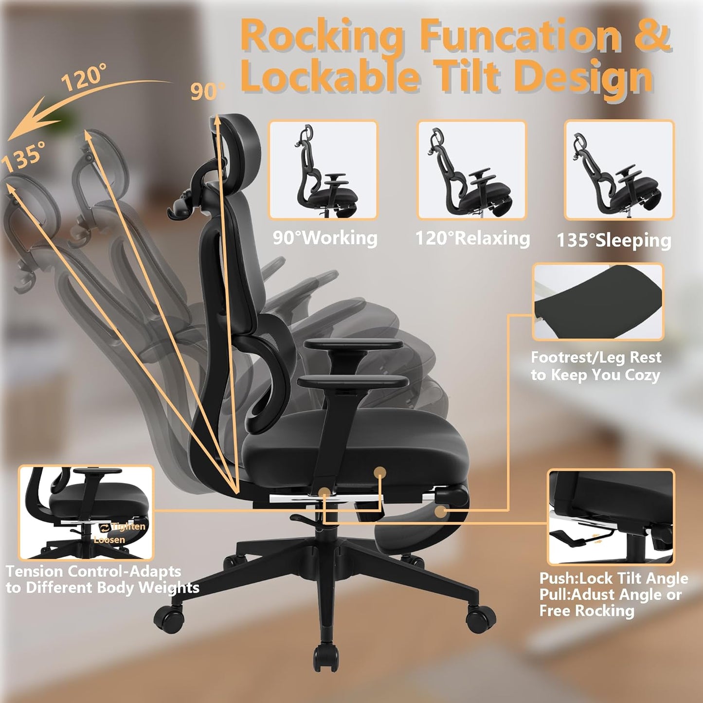 FLEXISPOT ErgoX-S Big and Tall Mesh Office Chair, Computer Desk Chair Adjustable Swivel with Footrest Lumbar Support Headrest and 360°Rotation for Home Office, Black Foam