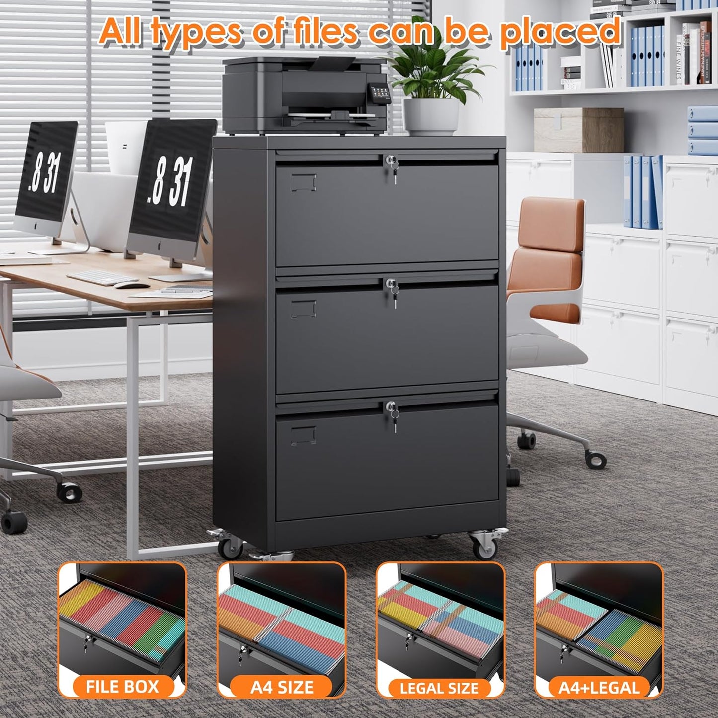 Aobabo 3 Drawer Lateral File Cabinet with Wheels,Metal Filing Cabinet with 3 Lock, for Home Office School Hanging Files Letter/Legal/F4/A4 Size, Assembly Required, Black