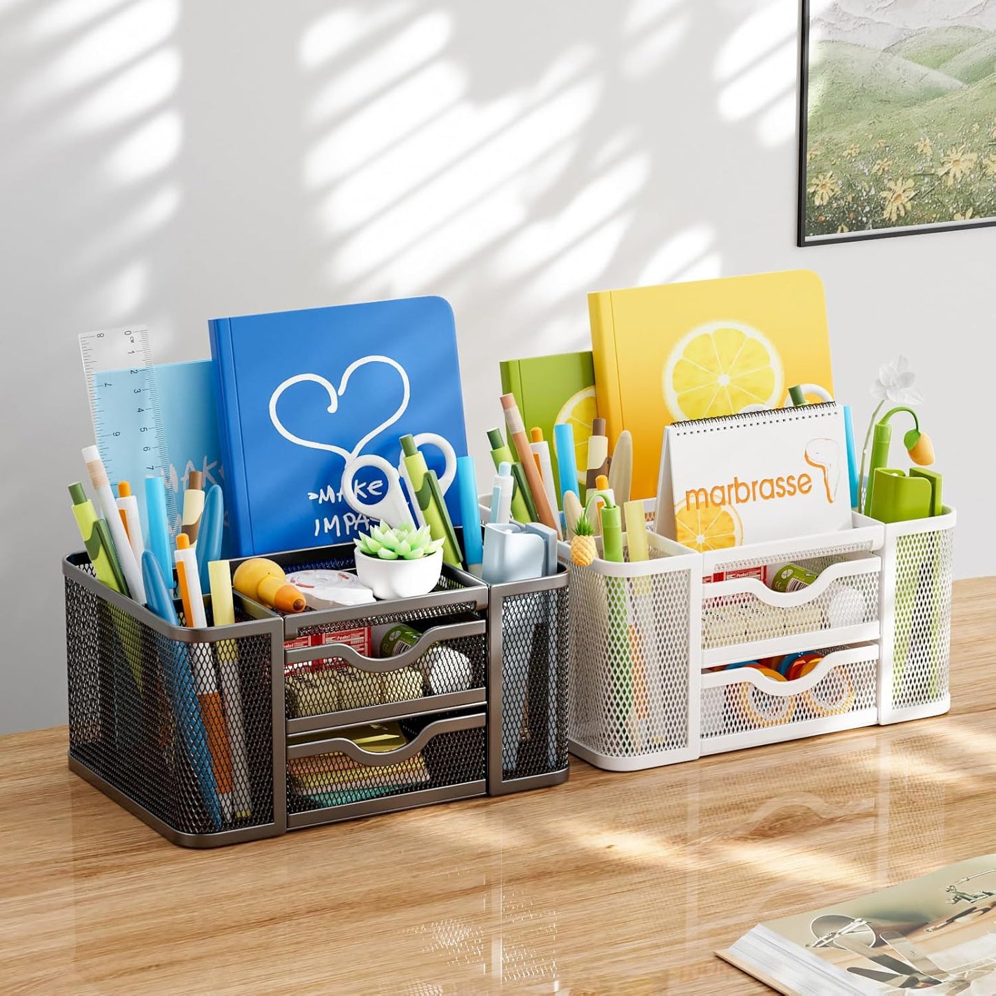 Marbrasse Mesh Desk Organizer, Pen Organizer with 2 Drawer, Multi-Functional Pencil Holder, Desk Organizers and Accessories with 5 Compartments + Drawer for Office Art Supplies (Black)
