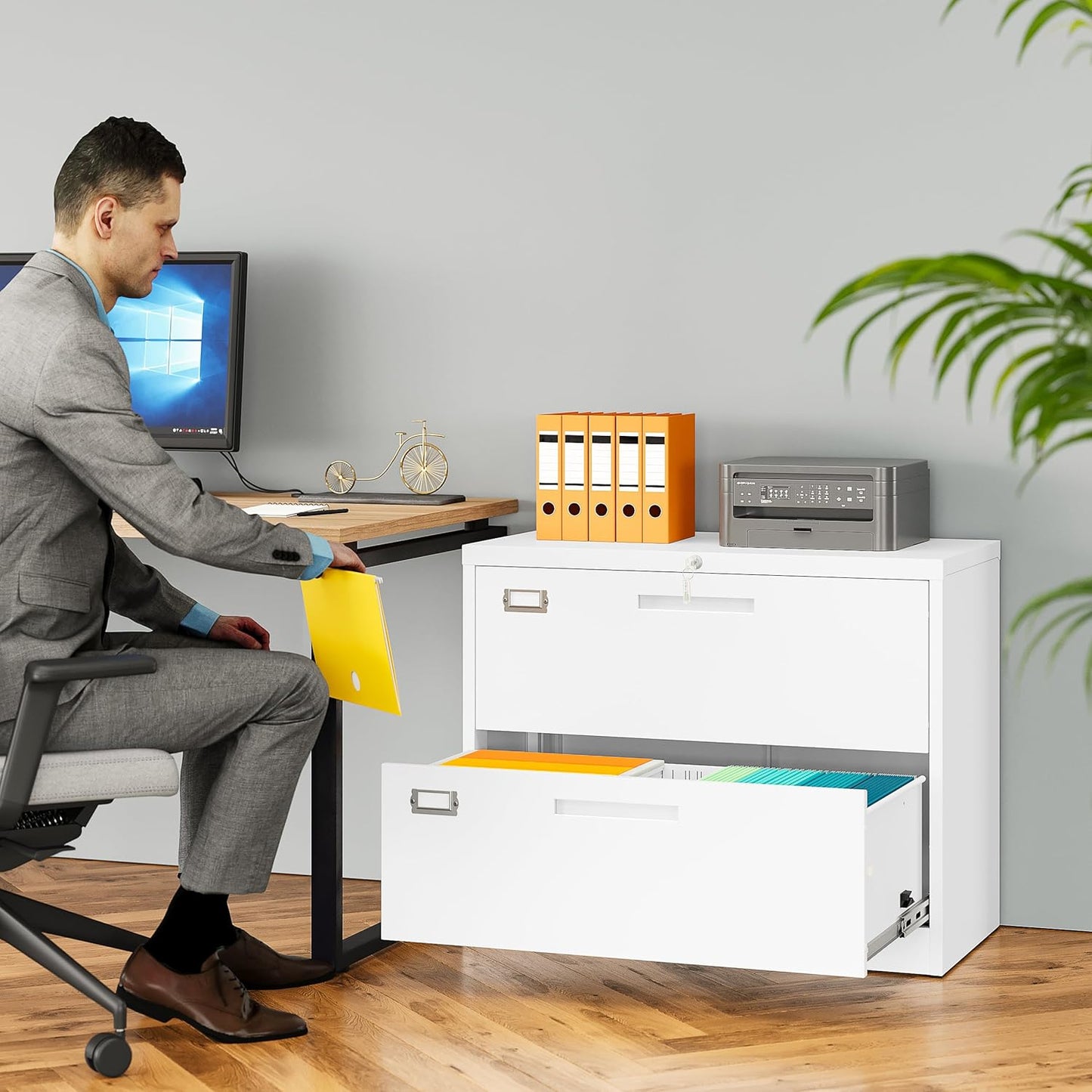 2 Drawer Lateral File Cabinet with Lock,White Lateral Filing Cabinet,Horizontal Metal Filing Cabinets,Locked Wide File Cabinets for Office Home,Fit A4/F4/Letter/Legal File,-Assembly Required