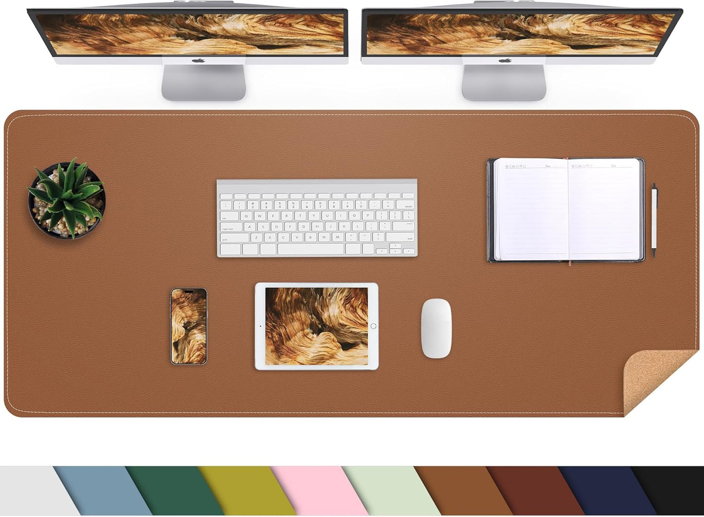 AFIING Leather Desk pad Protector, Large Non-Slip Office Desk Mat with Natural Cork & PU Leather, Waterproof Writing Mouse Pad for Office and Home (55in*17in,Brown)