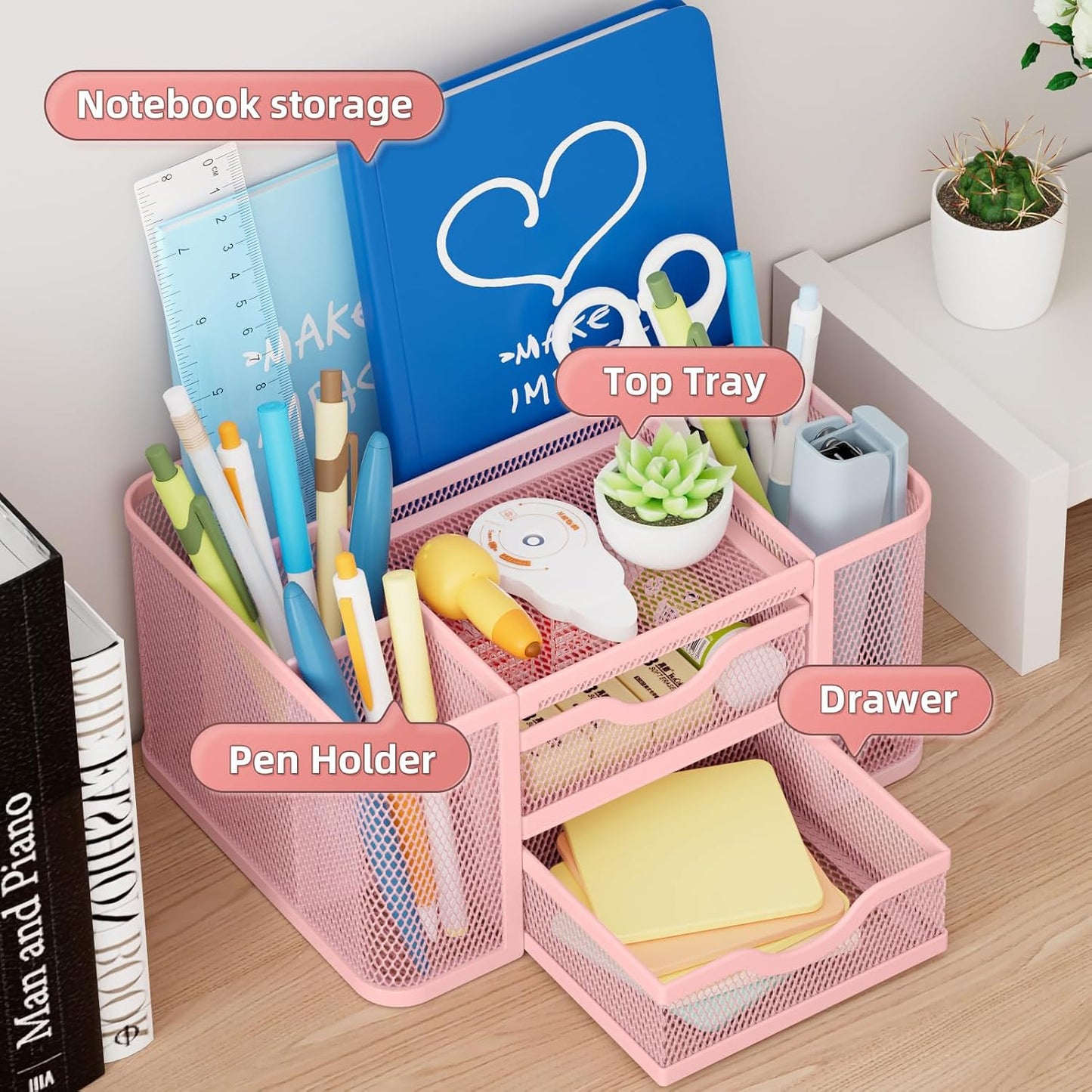 Marbrasse Mesh Desk Organizer, Pen Organizer with 2 Drawer, Multi-Functional Pencil Holder, Desk Organizers and Accessories with 5 Compartments + Drawer for Office Art Supplies (Pink)