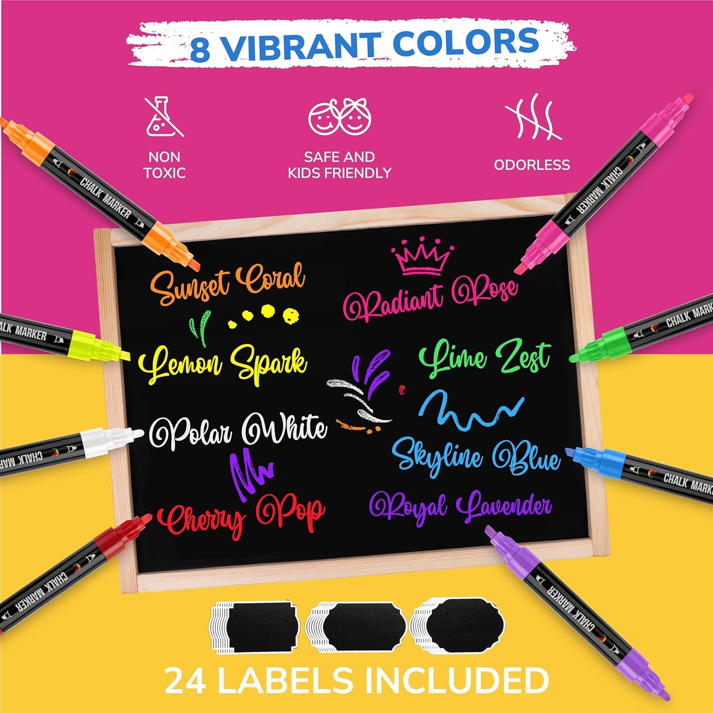 Zenacolor Liquid Chalk Markers - Dual Tips, 8 Vibrant Colors, Non-Toxic, Quick-Drying, Erasable for Blackboard, Windows, Glass, Cars - 24 Labels Included