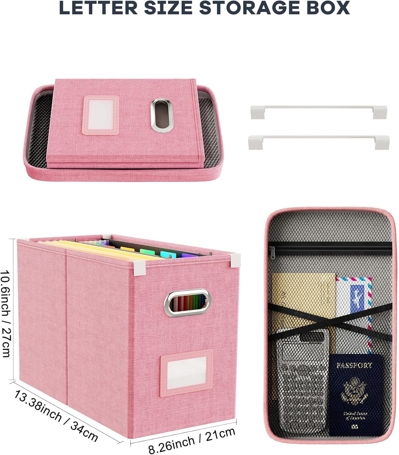 Oterri File Organizer With Lid, Hanging Filing Box With Mesh Pocket, Document Organizer for Letter Files, Portable Storage With Smooth Sliding Rail for Office & Home (2 PCS, Pink)