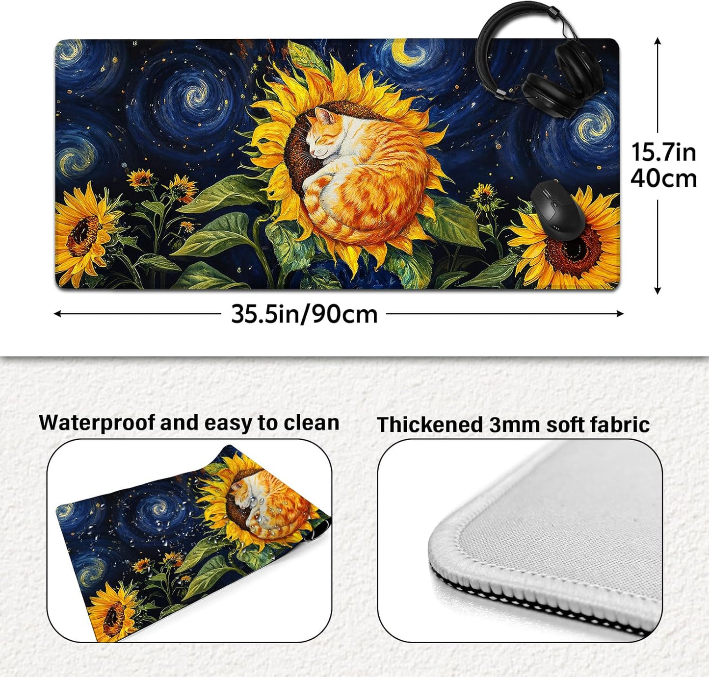 Sunflower Cat Gaming Mouse Pad, Starry Sky Cute Orange Cat Mousepad - Large Non-Slip Desk Mat for Office, PC, Laptop - 35.5"x15.7" x 3mm