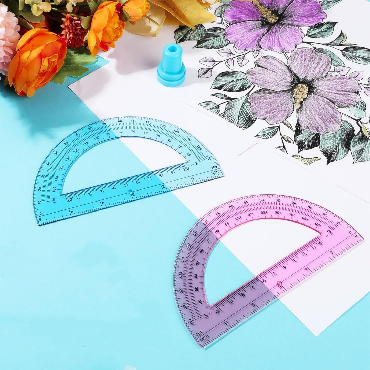 Zonon 2 Pcs 6 Inch Plastic Protractor Math Protractors 180 Degrees Angle Measurement, Translucent for Geometry Classroom Kid Student School Office Supplies(Pink, Blue)