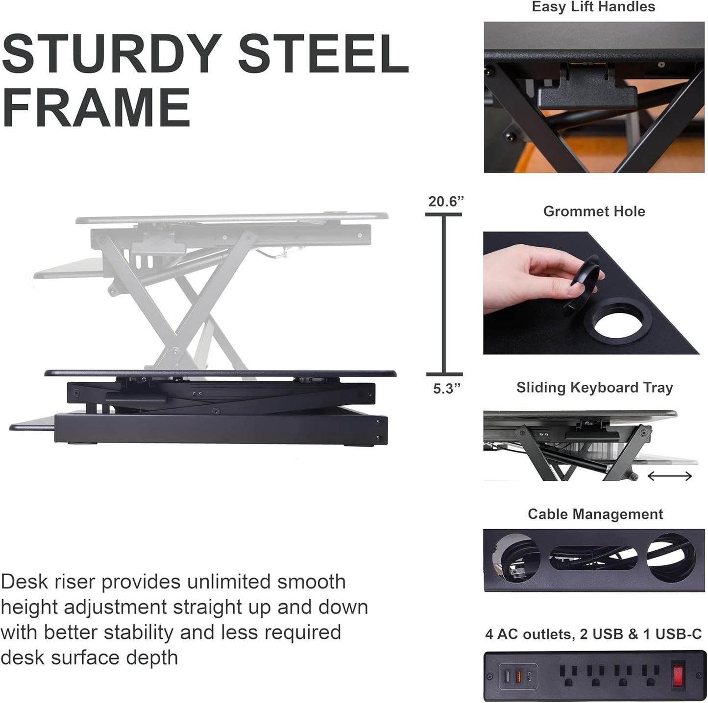 Rocelco 40" Height Adjustable Standing Desk Converter with AC Outlet and USB Charger - Gas Spring Sit Stand Up Dual Monitor Tabletop Riser Workstation - Large Keyboard Tray - Black (R DADRB-40-ACUSB)