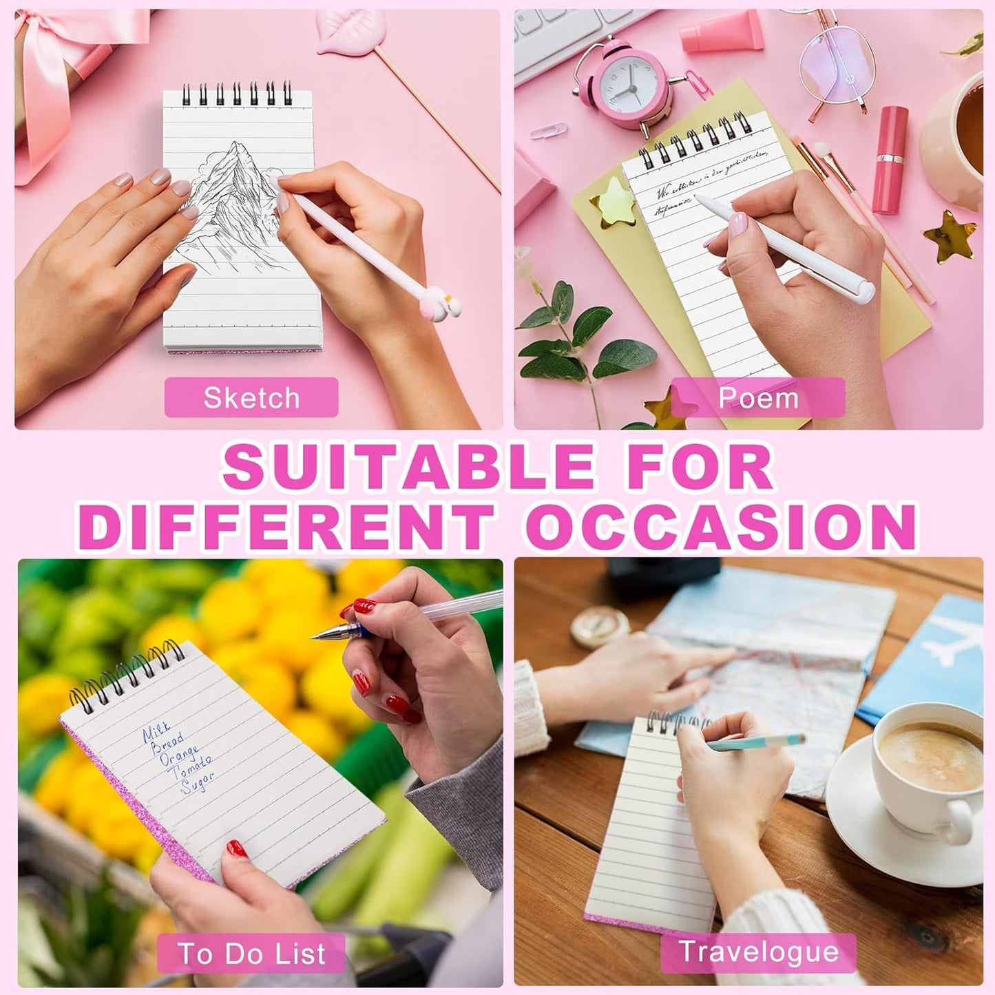 Tenceur 6 Pcs Pocket Notebook Bulk Small 3x5 Inch Spiral Notepads Mini Top Bound Notebook with Lined 120 Pages Ruled Memo Pads for Office College Nurse Essentials Back to School Gift (Glitter Pink)