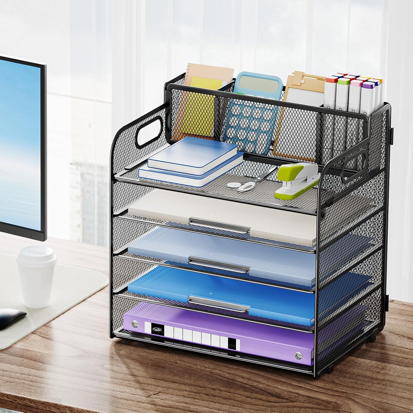 Marbrasse 5 Tier Paper Organizer with 3 Pen Holders, Mesh Desk File Organizer with Handle, Paper Sorter Desk Organizer for Home Office Supplies(Black)