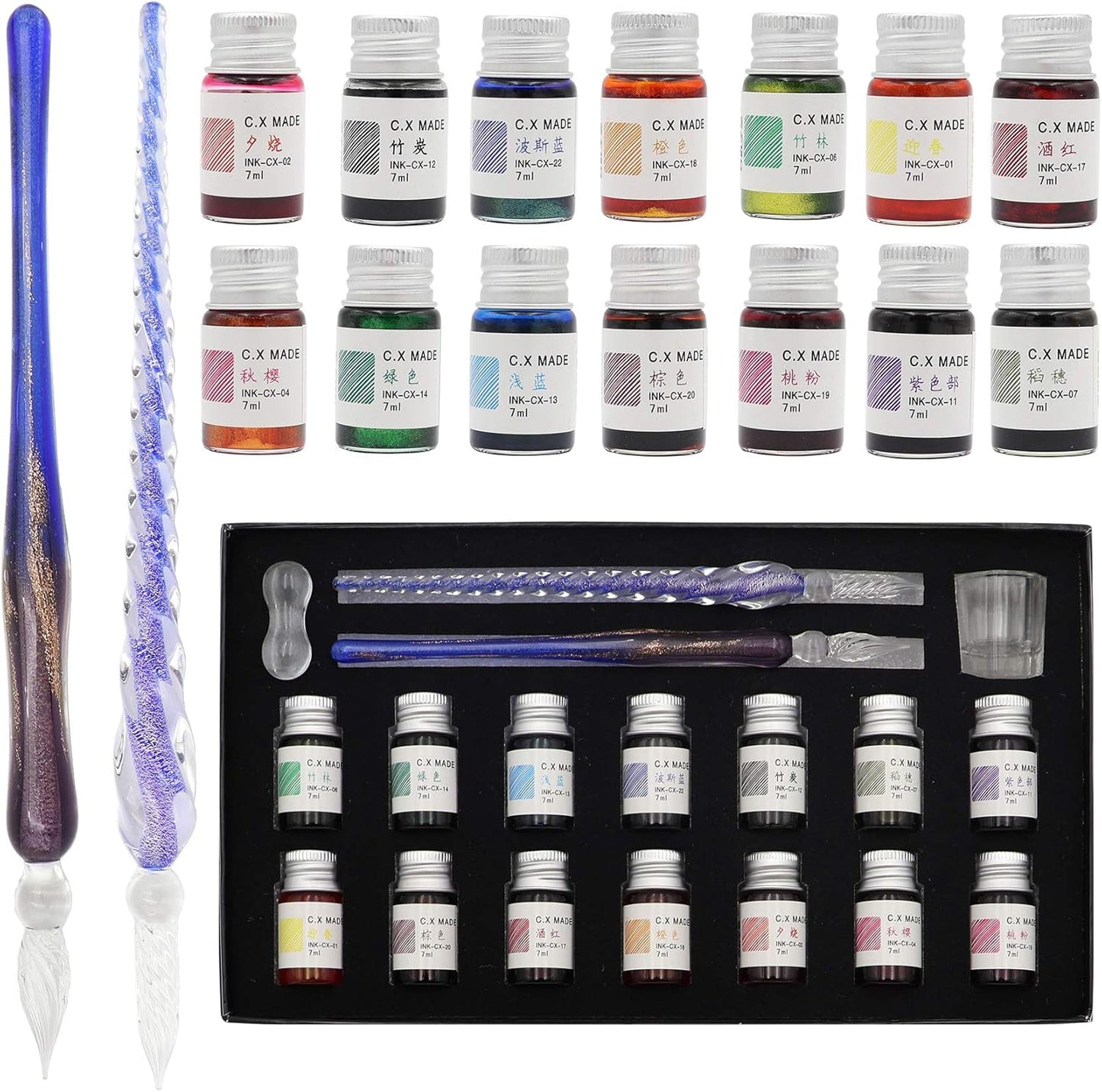 AXEARTE Glass Dip Calligraphy Pen Set, 18-Pieces 14 Color Inks, Pen Holder, Cleaning Cup, 2 Crystal Glass Pens for Art, Writing, Drawing, Signatures, Gift for Kids and Artist