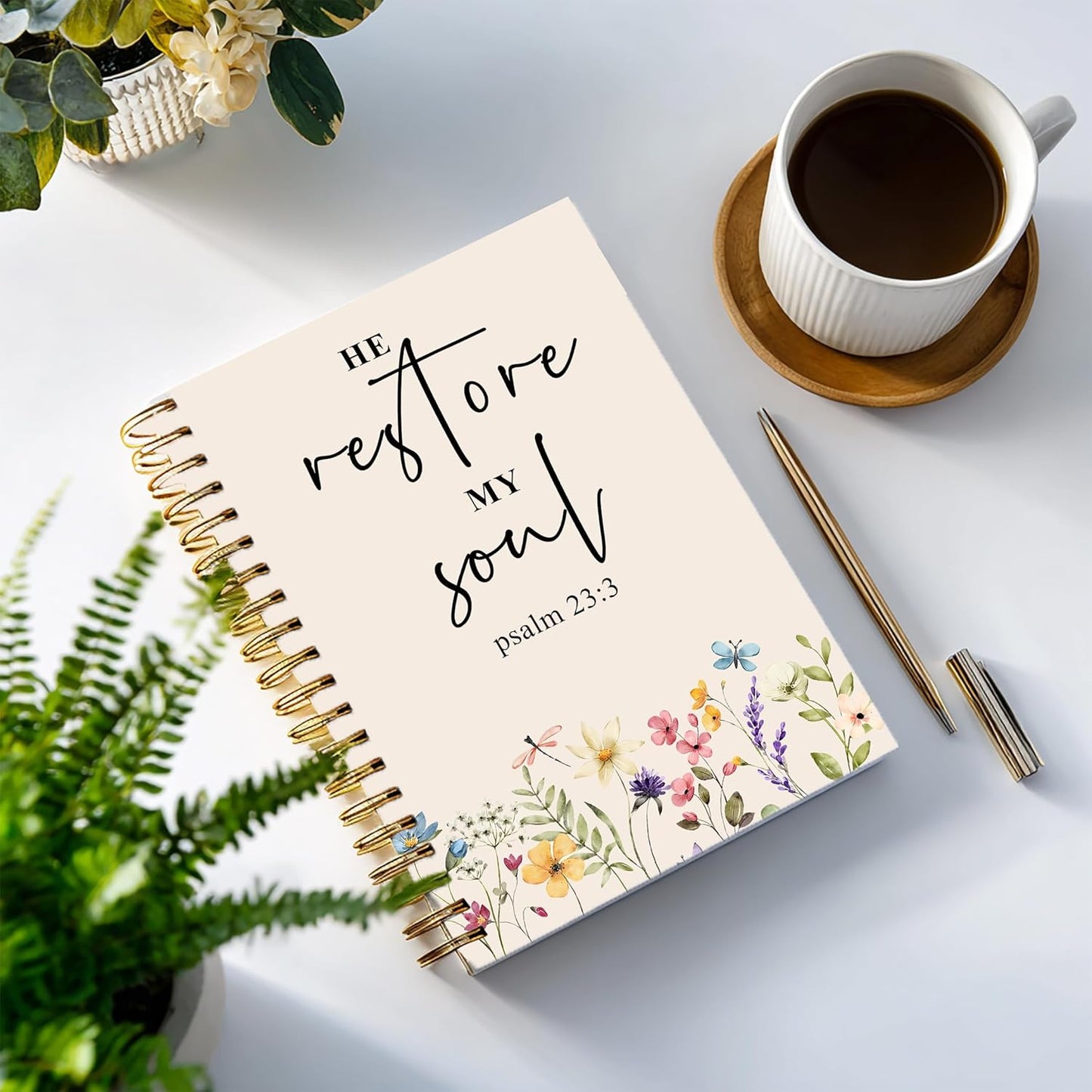 Bible Notebook, A5 Spiral Christian Journal with Floral Pink Butterfly Notebook, Bible Verse-He Restores My Soul, Inspirational Notebooks for Women, Bible Study, Gift for Birthday Christmas