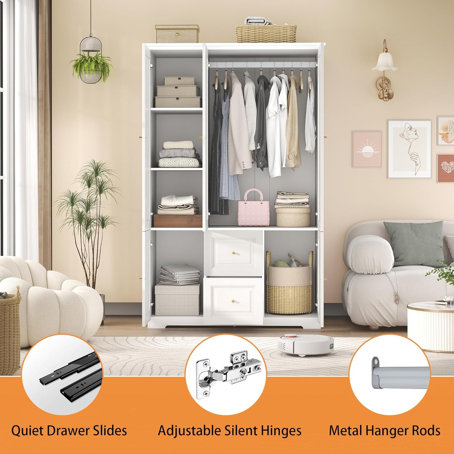 White Armoire Wardrobe Closet with Drawers: Wardrobe Closet for Hanging Clothes, Modern Bedroom Armoires with Hanging Rod, Wardrobes Closets with Doors and Shelves (White, 47")